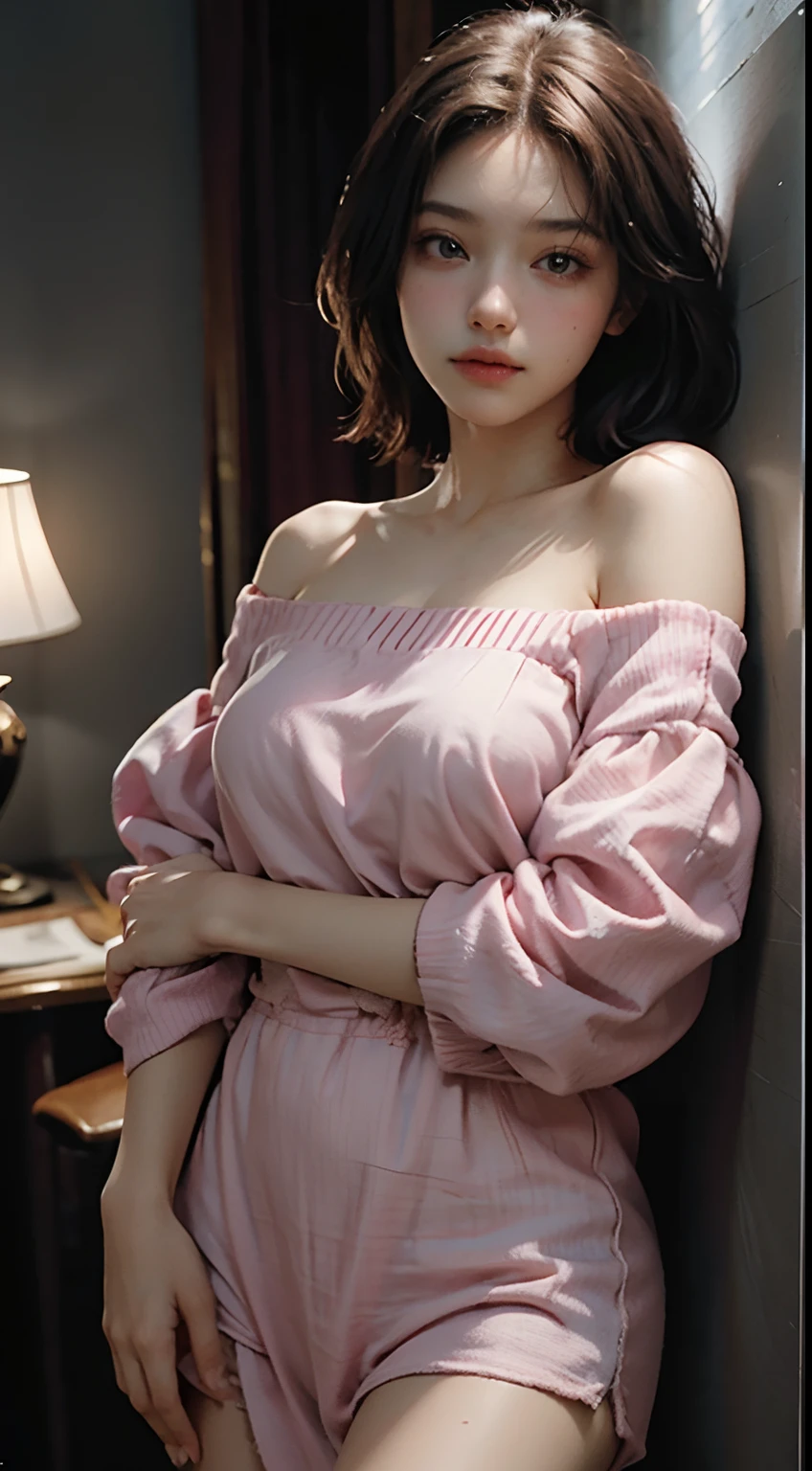 18 years old girls，tmasterpiece，Shy face，Bob Head，Light pink shirt，No bra，did not wear panties，The lower body is naked，Bare legged，Barefoot，sit on a bed，Snow-whiteskin，overcast day，with pink hair，a pink eyes，thick thight
