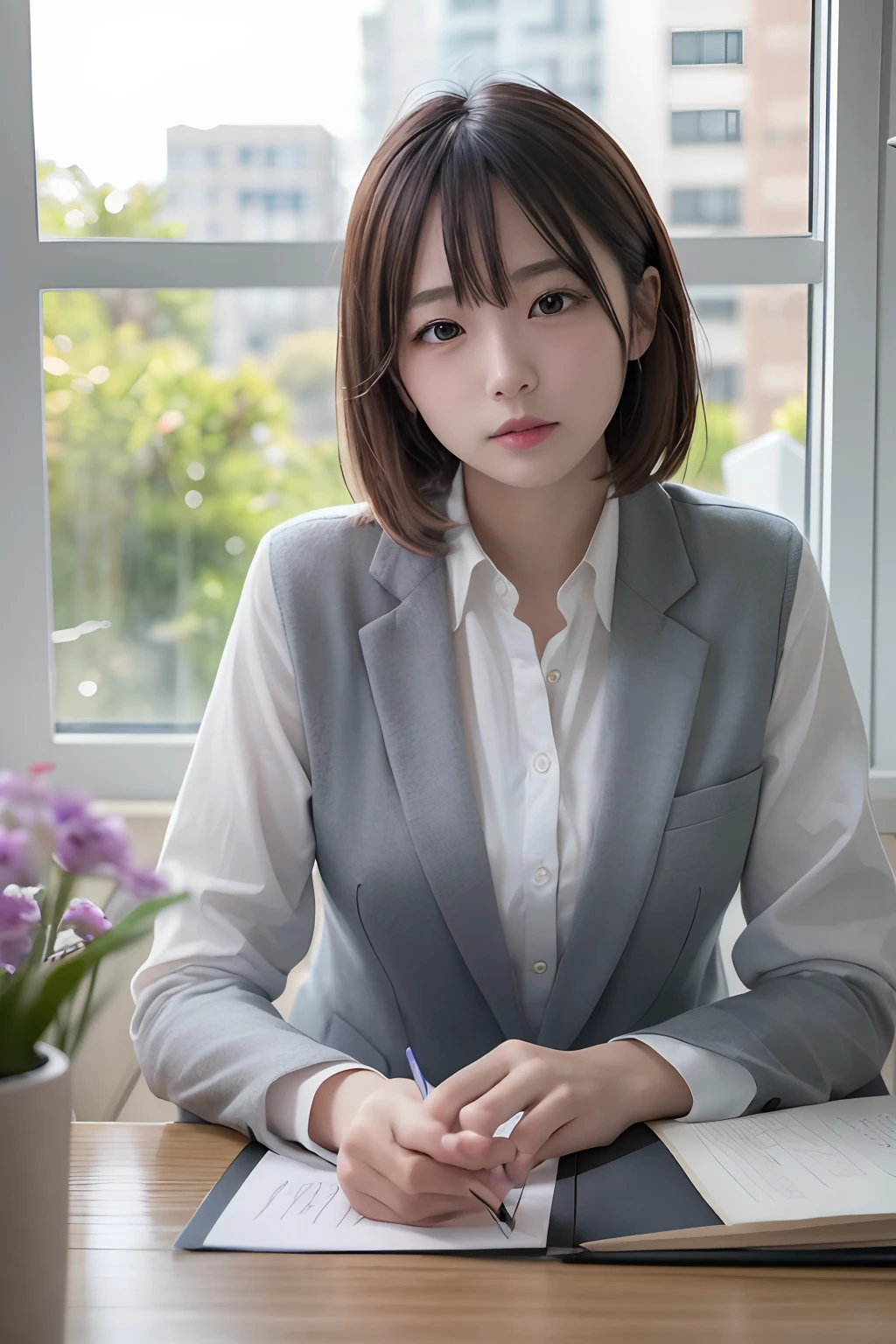 1人、a matural female、vests、a picture、realisticlying、top-quality、A detailed face、s Office、Building from the window、细致背景、diffuse sunlight、depth of fields、Company Desk、