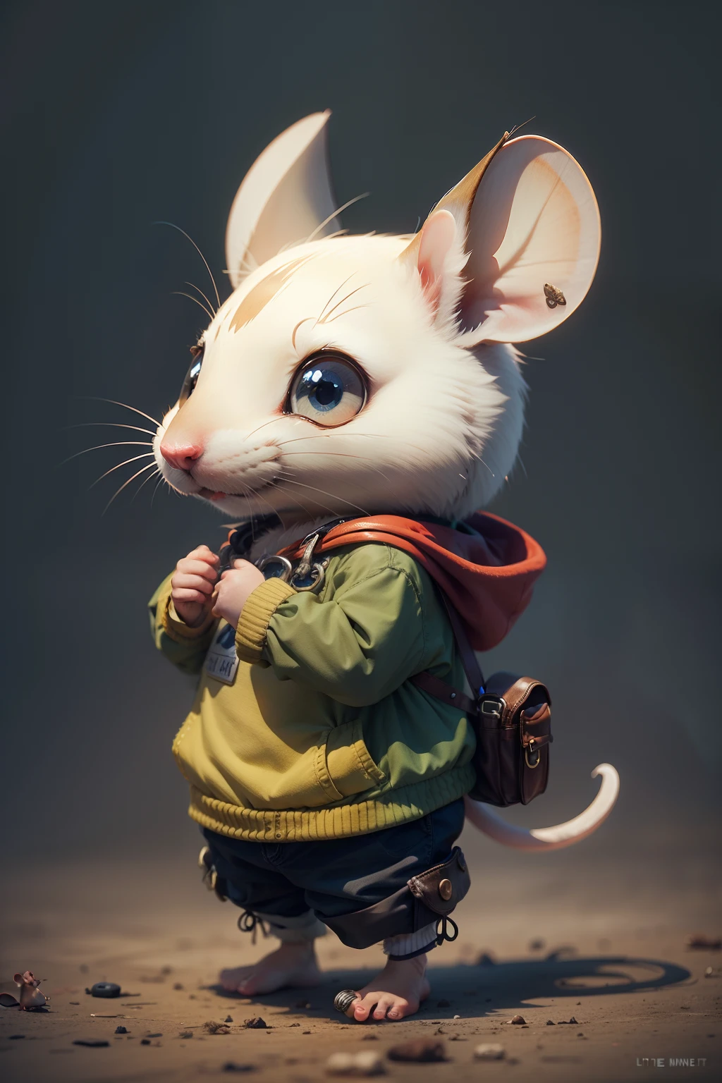 Small cute red and white creature with only two legs,big eyes,bagpack,scarf,side view,Ghibli style --auto --s2