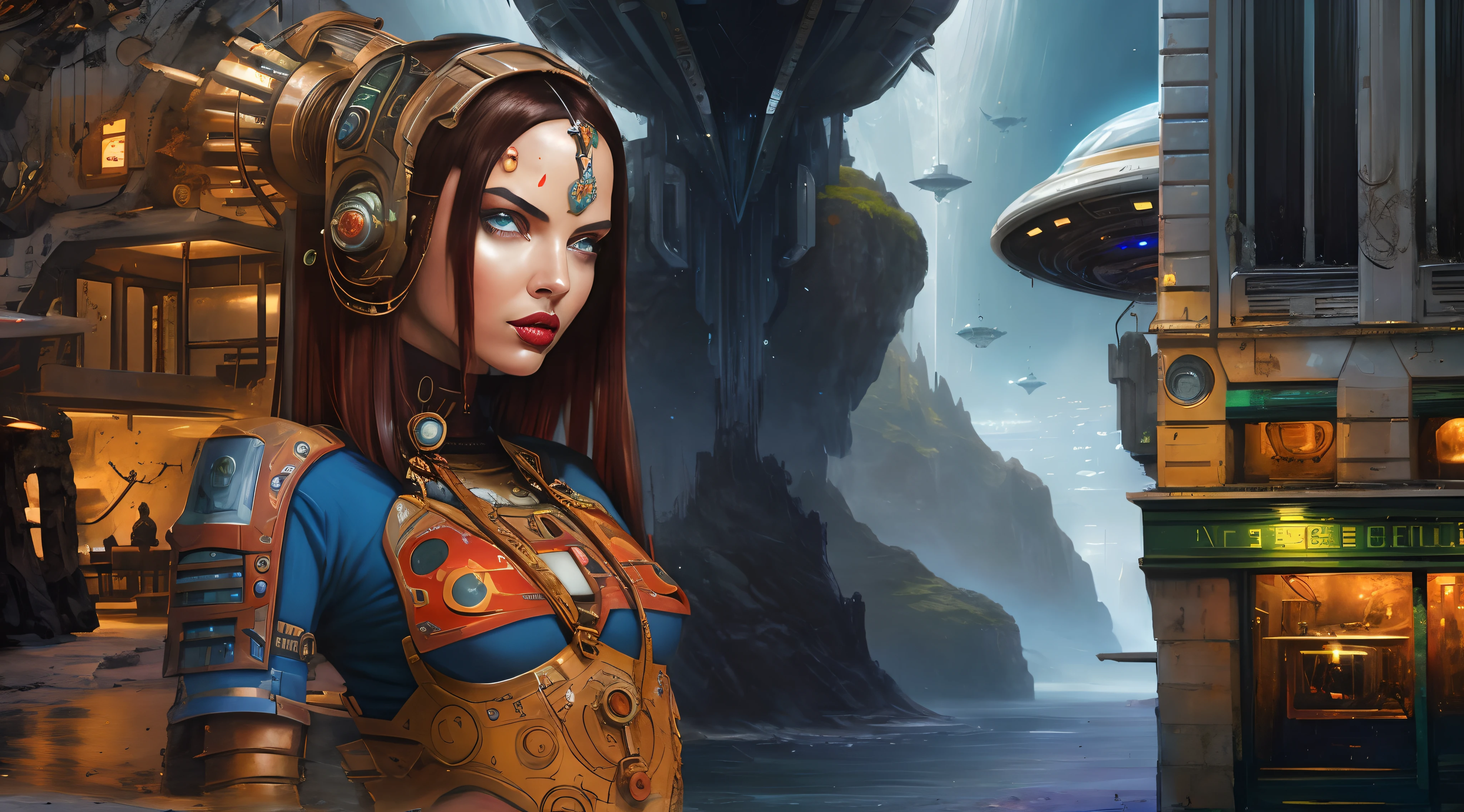 arafed woman (Adriana Lima :1.1) red lips, green eyes in a futuristic outfit standing in front of a building, sci-fi fantasy art, artgerm julie bell beeple, sci-fi high fantasy, epic fantasy sci fi illustration, epic scifi fantasy art, colorful sci-fi steampunk, sci-fi fantasy wallpaper, detailed sci-fi art, greg beeple, sci fi art