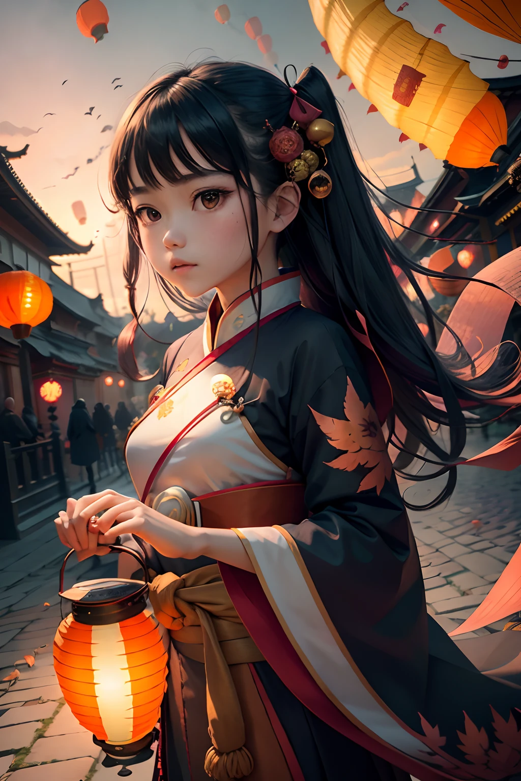 official art, unity 8k wallpaper, ultra detailed, beautiful and aesthetic, masterpiece, best quality, (Fire, water, ribbon, paper cutting), (fractal art:1.3) 1girl,building, (solo:1.5), chinese_clothes, sky, outdoors, wide_sleeves, black_hair, sunset, (falling_leaves:1.2), antern, (paper_lantern:1.5),blue sky, (outdoors:1.5),hanfu, (rainbow-candy:0.8), (style-swirlmagic:0.8),
