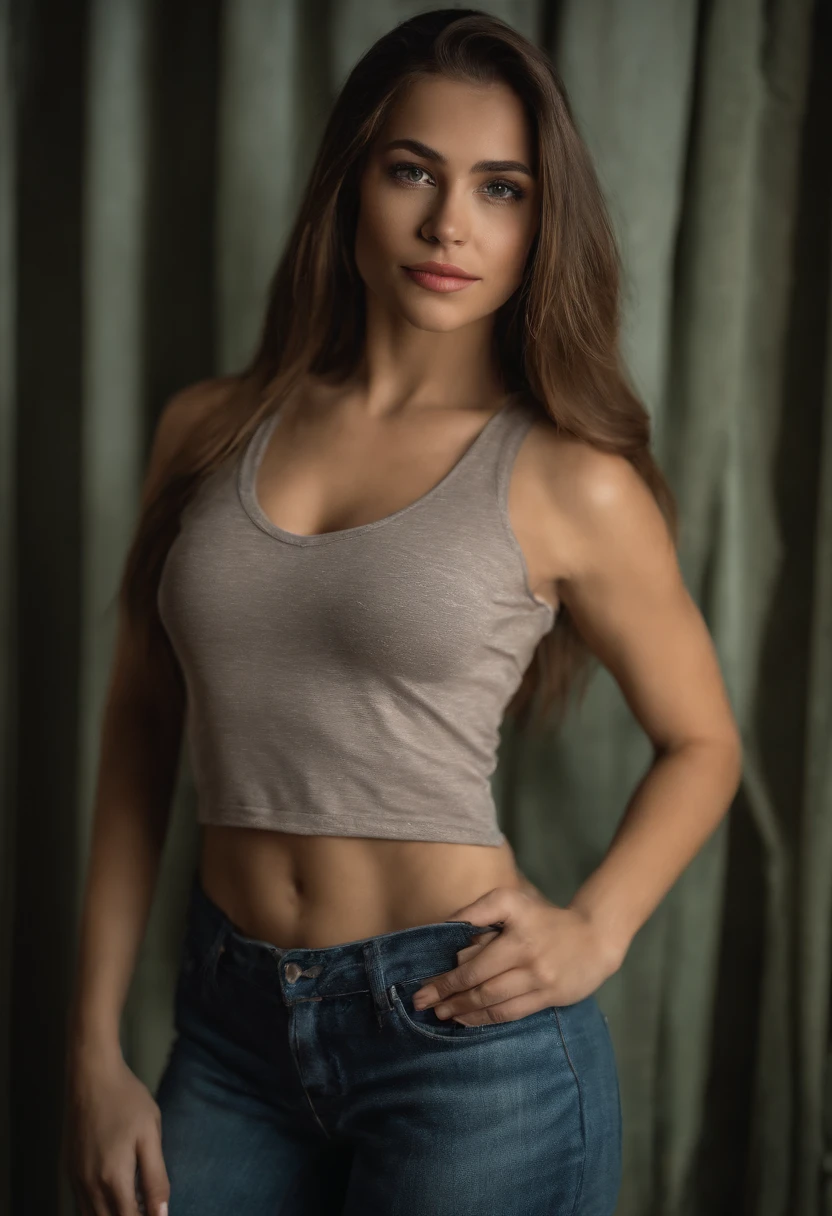 Mujer rubia con camiseta sin mangas y falda a juego posando en un club nocturno, Chica sexy con ojos azules, Retrato nathaly cherie, Fondo borroso, La mejor calidad, 1girl, Retrato de Corinna Kopf, cabello rubio y ojos grandes, selfie de una mujer joven, Maquillaje OHNE, Maquillaje natural, looks directly at camera, Cara con Artgram, dezentes Maquillaje, Gran foto de cuerpo entero, in the room, senos grandes, rubio