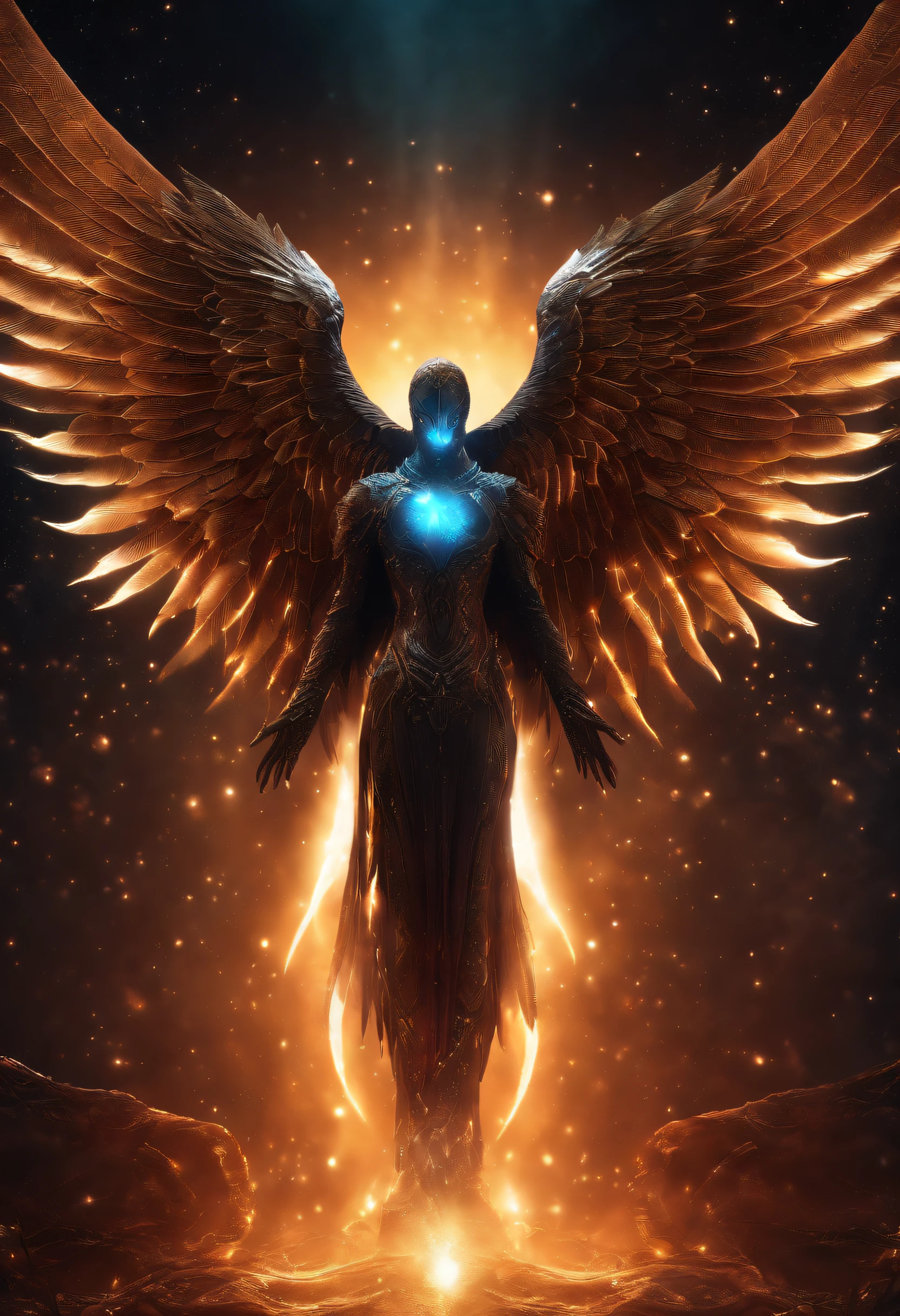 Cosmic Fallen Angel, glowing light eyes, Biomechanical, eerie, Creepy, nightmarish, Very bright colors, Light particles, with light glowing, Mshiv, wallpaper art, UHD wallpaper