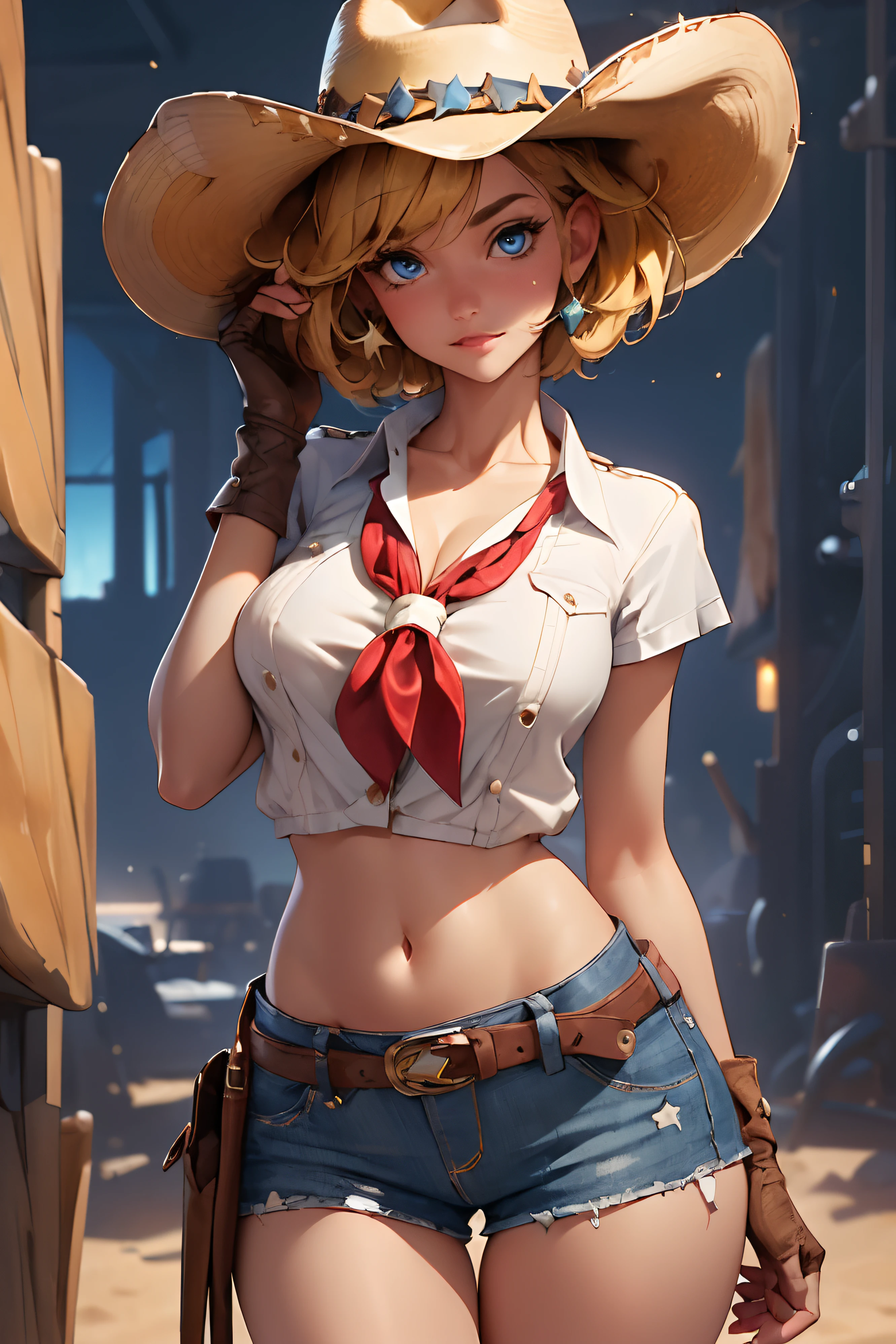 (((((solo))))),(((((masterpiece))))), (((((best quality))))),(((((highly detailed))))), finely detailed, Depth of field, crisp detail, detailed clothes, highres,
1girl, bangs, (beautiful detailed face:1.3), collarbone, collared shirt, ((white shirt)), shirt half open, buttons undone, no bra, several buttons open to show cleavage, show belly, blue eyes, blonde hair, cleavage, ((cowboy)), (cowboy hat:1.3), short gloves. fingerless gloves, hat, medium breasts, navel, neckerchief, red neckerchief, short hair, short shorts, low-rise daisy dukes, healthy thighs, gun belt ,cowboy western, sunny desert background, thigh gap