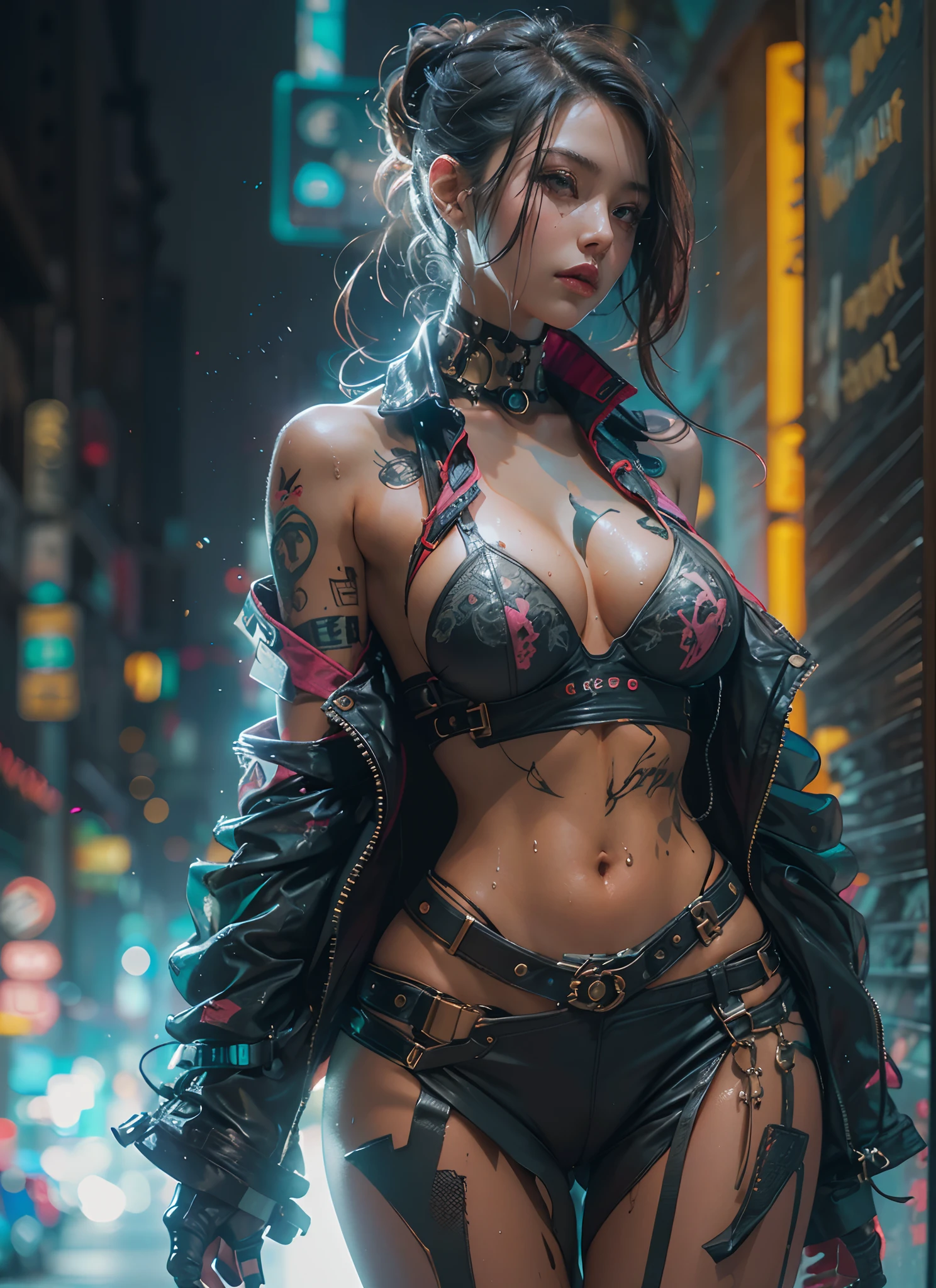 ((masterpiece))((highest quality))((27 year old girl,shoulder length highlight hair ))head to knee portrait ((she's seductively standing alluringly sexual revealing herself through opening her outfit. Her breasts are bursting out of her top. Her back is exposed. Huge buttocks.Partially exposed breast naked. )). ((Background is a Highly detailed cyberpunk club with multicolor LED lights. Graffiti .Luminous.))4k. Highly intricate details. Cinematic. Highly Reflective wet sidewalk. Full body portrait. 4k art by jeehyung lee
