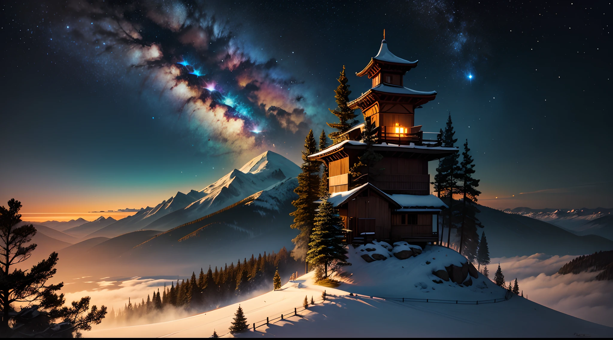 Mountain in heaven with night full of stars with willow side tree