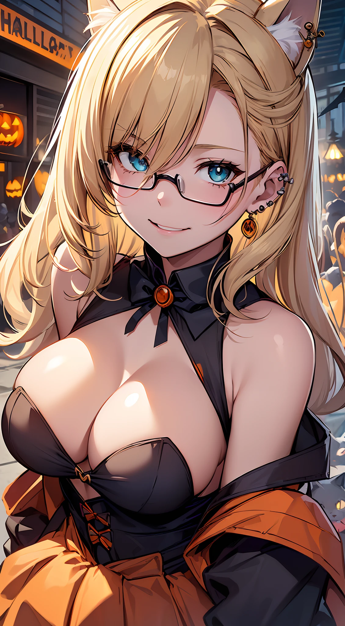 top-quality、Top image quality、in 8K,4K,masterpiece、(NSFW:1.2)、ultra-detailliert、Beautiful、ultra-quality、cute little、Style like a model、girl with(((18year old、Cat's ears、Halloween Costumes:1.3、angelicales、Bust 92、a blond、cleavage of the breast、Blue eyes、eye glass、Happiness、Ear-piercing)))、hiquality、visualart、Background with((Halloween:1.2))、masutepiece、bustup