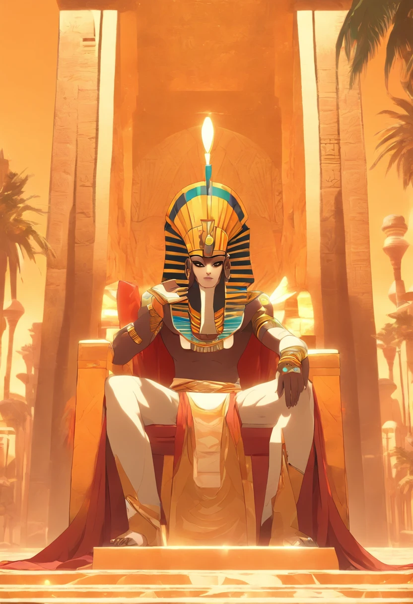 (((Osiris))) best quality, ultra-high resolution, 4K detailed CG, master piece,Osiris,god of the dead, Egyptian mythology,serious expression,Egyptian clothing, desert,(( sitting on throne) ) ,aesthetics, Beautiful image, centered on the screen, oasis in the background, palm trees