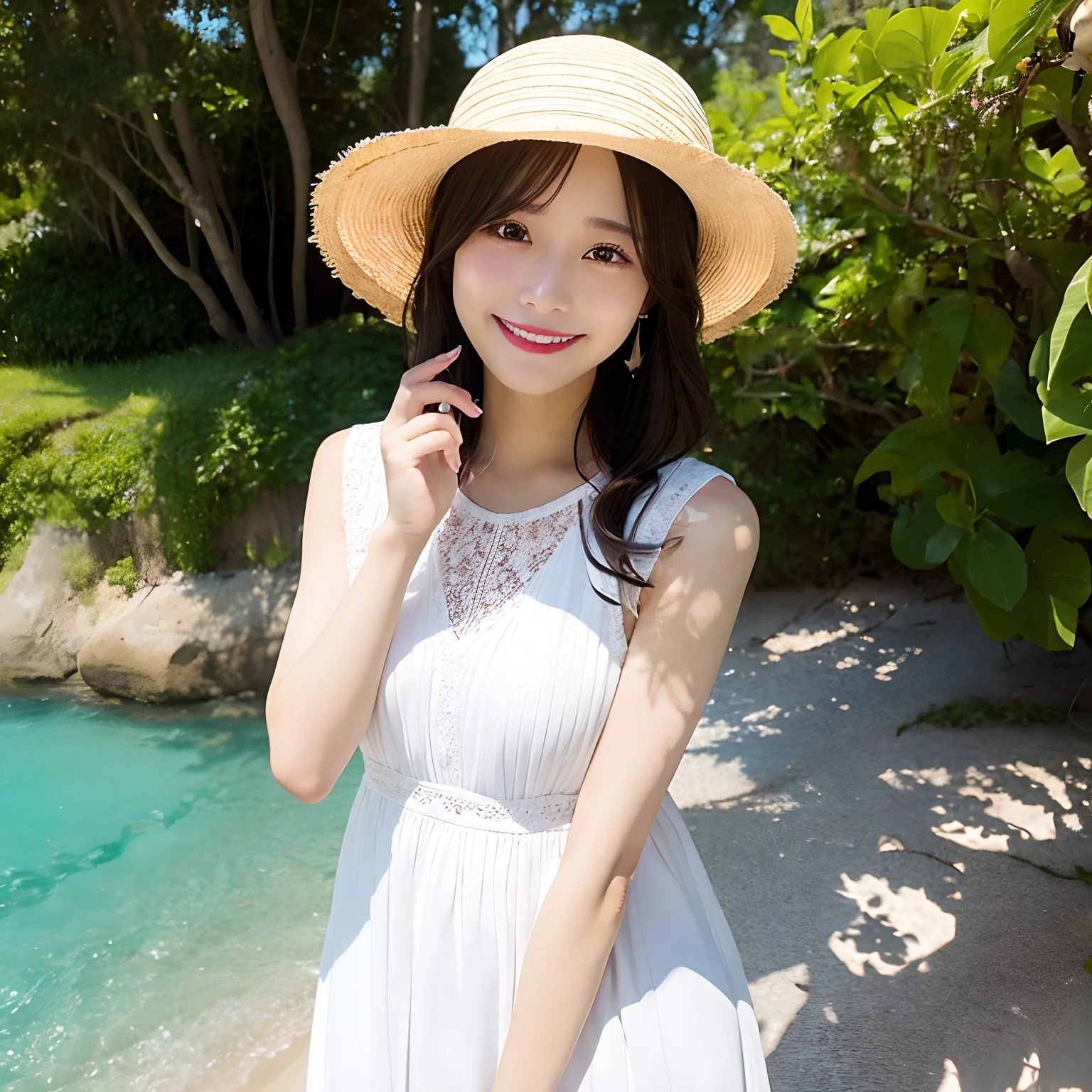 White dress、a straw fedora hat、a smile、FULL BODYSHOT、Sunny seaside