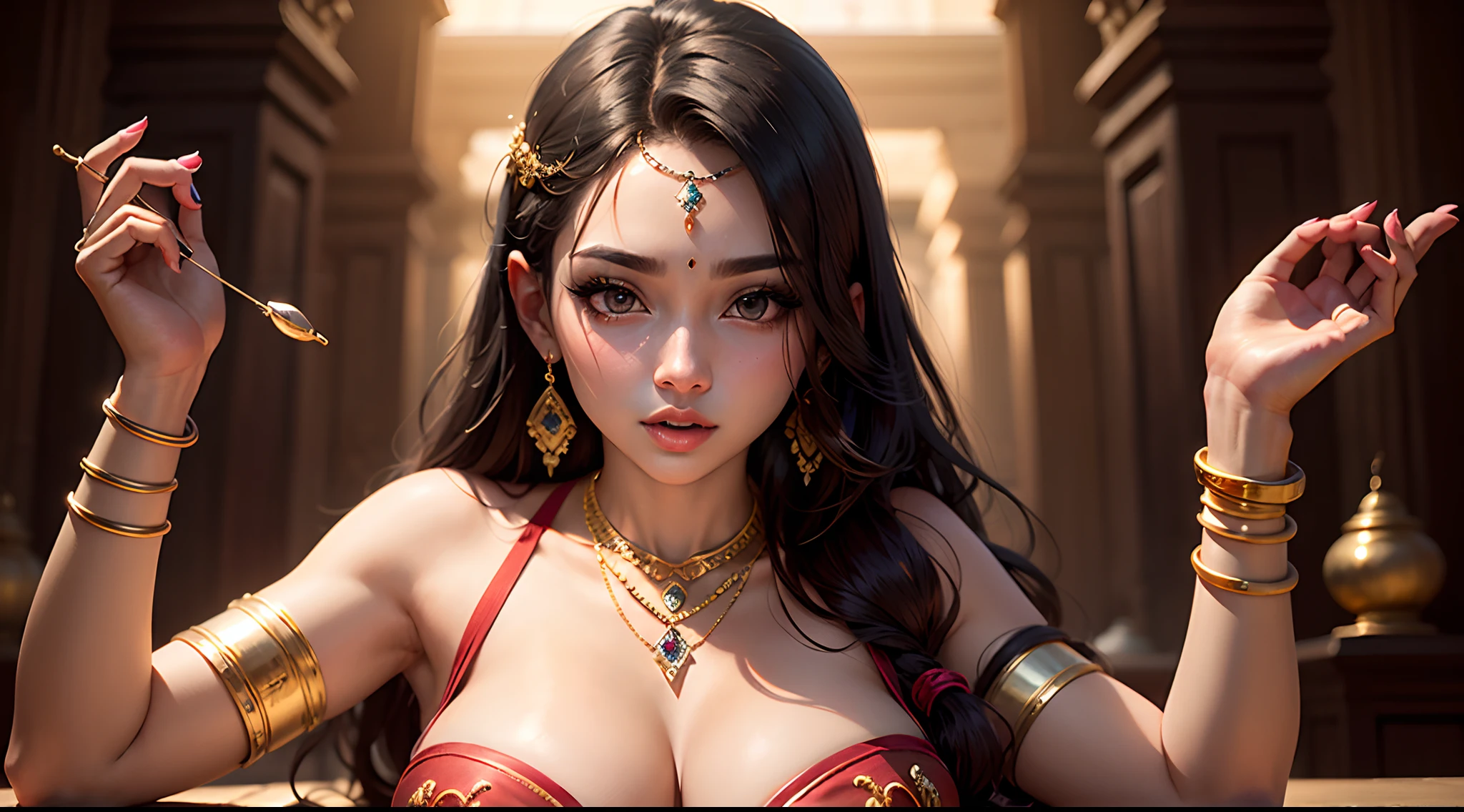 a bindi in the center of the forehead, beautiful royal temple, jewelry, gem, necklace, gold bracelet, anklets, thick lips, hands on lips, skindentation, lips half-open, (detailed eyes), (seductive pose), ulzzang-6500-v1.1, (large breasts:1.2)