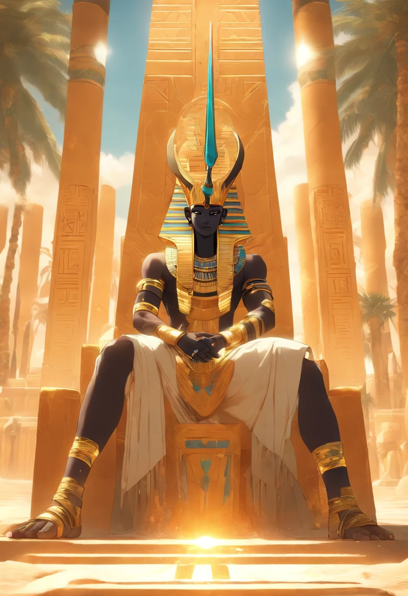 (((Osiris))) best quality, ultra-high resolution, 4K detailed CG, master piece,Osiris,god of the dead, Egyptian mythology,serious expression,Egyptian clothing, desert,(( sitting on throne) ) ,aesthetics, Beautiful image, centered on the screen, oasis in the background, palm trees