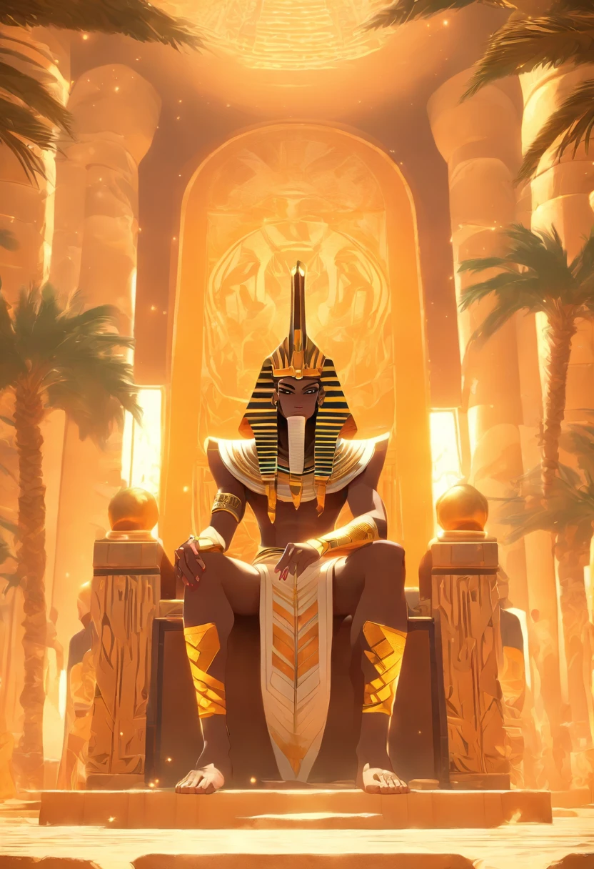 (((Osiris))) best quality, ultra-high resolution, 4K detailed CG, master piece,Osiris,god of the dead, Egyptian mythology,serious expression,Egyptian clothing, desert,(( sitting on throne) ) ,aesthetics, Beautiful image, centered on the screen, oasis in the background, palm trees