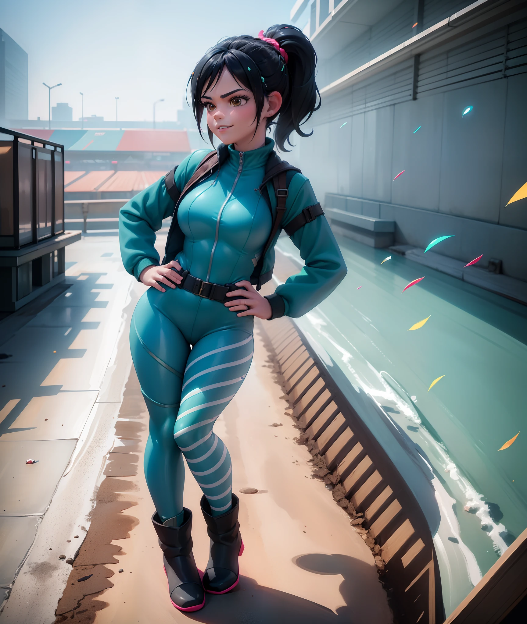 [Wreck_It_Ralph_Movie], ((masterpiece)), ((high quality)), ((HD)), ((solo portrait)), ((front view)), ((full body)), ((boots visible)), ((beautiful background)), {vanellope von schweetz, black hair, red scrunchy, short ponytail, (candy in hair:1.2), (cute half-closed brown eyes), smug smirk, white teeth}, {(aqua track jacket), (tight aqua pants teal lines), (racesuit), aqua riding boots}, {(standing on raceway), (hands on hip), (looking at viewer), (pigeon-toed)}, [Background: (raceway), (grand prix), (confetti), (blue sky), (bright sun), (sun rays)]