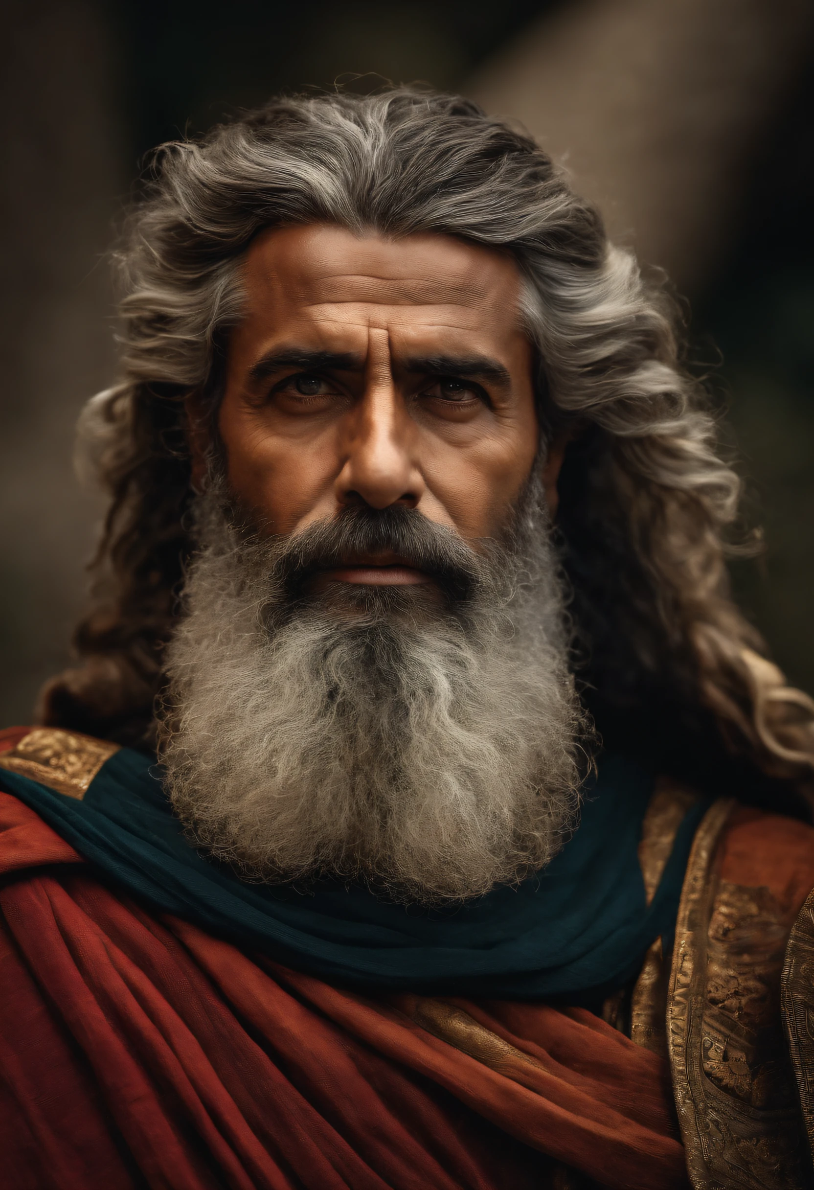 "Full body photo of a wise and imposing man, de 40 anos, magro, barbudo e com cabelos grisalhos, with a serious expression and an air of experience. highes definition. Inspiration of ancient Greek man."