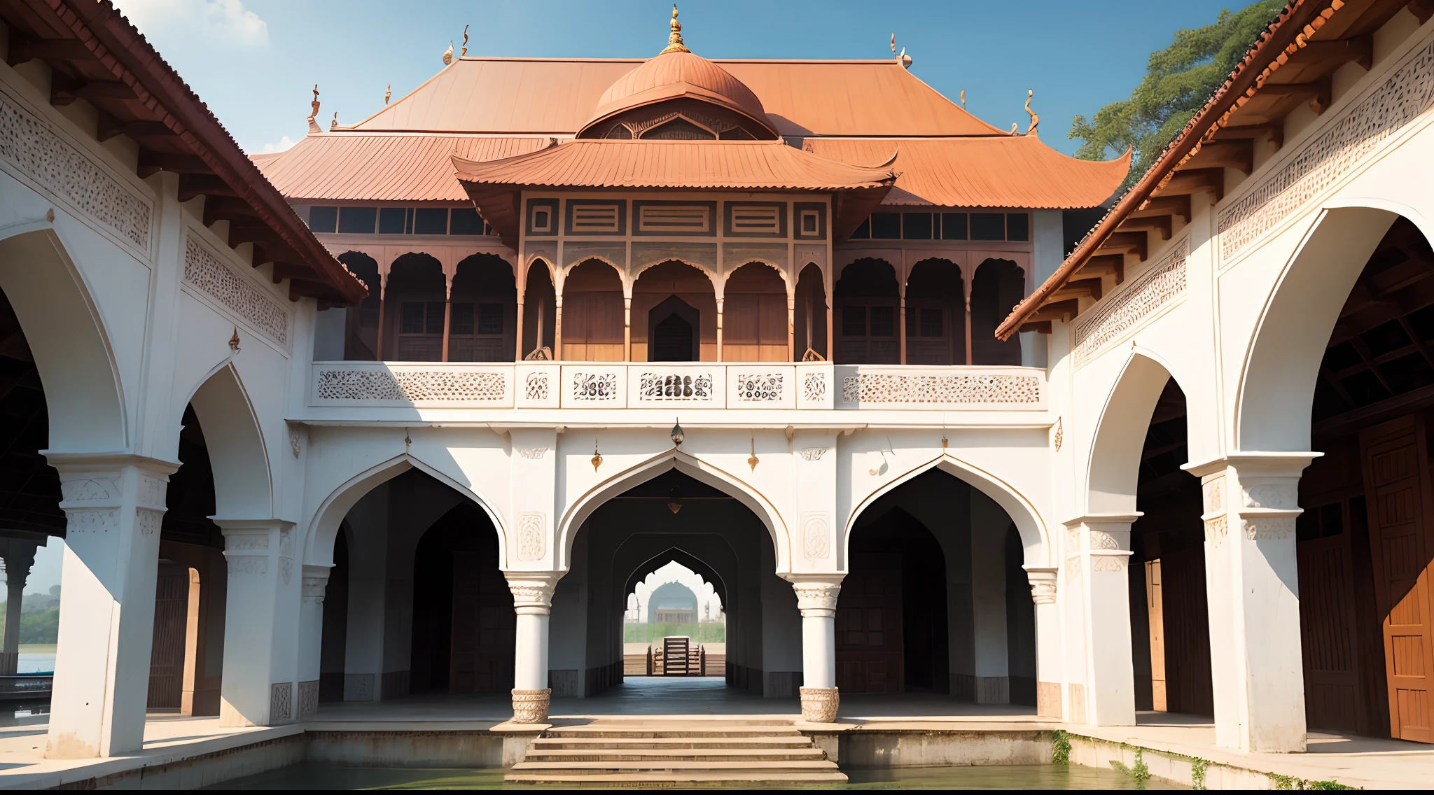 Dock of Calicut, India, Bharat, indian style, indo-muslim style, mixture of muslim and indian style, 15th cenutry, medieval age, exterior, india and hinduism element in architecture, white roof and white wall, humid and wet