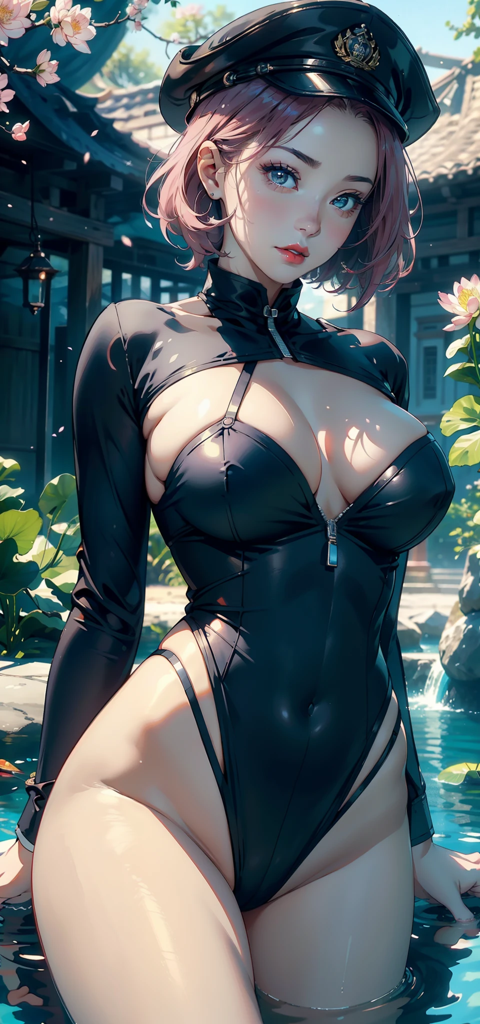 1female,45 yers old,Married Woman,熟妇,plumw,extremely large bosom, 独奏,(Background with:ponds,Cherry blossom forest,lotus flower)Lie underwater, She has short pink hair,seen from the front,, mostly cloudy sky,(((tmasterpiece),(Very detailed CG unity 8K wallpaper),best qualtiy,cinmatic lighting,detailed back ground,beatiful detailed eyes,Bright pupils,Black eyes,Snow-whiteskin,Redlip(Very fine and beautiful),(Beautiful and detailed eye description),ultra - detailed,tmasterpiece,))facing at camera,A high resolution,ultra - detailed),revealing breasts,Bare genitalia, Bulge,legs are open,Raised sexy,Camel toes,Desire for dissatisfaction,frontage,(Wearing:Green officer uniform,Bare ,military hat)