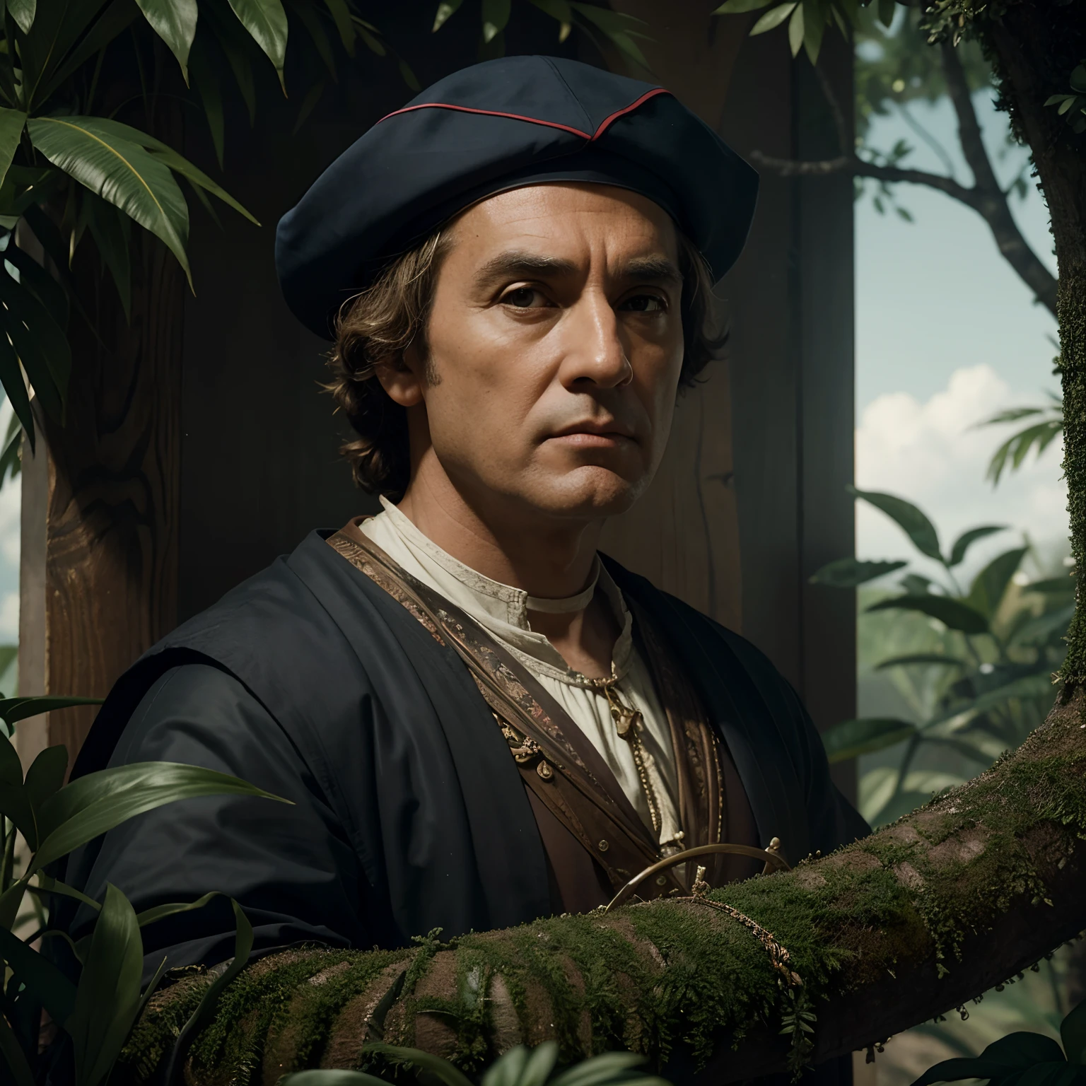 hyper-realistic action scene in which Christopher Columbus examines the flora and fauna of America up close. "It adds extremely precise details to the plants, animals, and the amazed expression on Columbus's face, 8k, cinematic light, photo realistic, octane render, focused, masterpiece, 35mm,