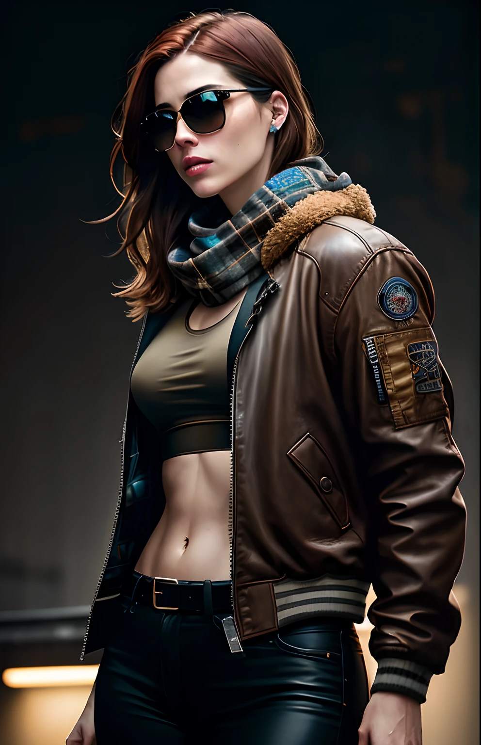 (dark shot:1.1), epic realistic, portrait of halo, athletic build, sunglasses, blue eyes, tartan scarf, (brown leather bomber jacket:1.2), (tight fitting, black, see thru tank-top:1.1) auburn hair by atey ghailan, by greg rutkowski, by greg tocchini, by james gilleard, by joe fenton, gradient yellow, black, brown and magenta color scheme, grunge aesthetic!!! graffiti tag wall background, art by greg rutkowski and artgerm, soft cinematic light, adobe lightroom, photolab, hdr, intricate, highly detailed, (depth of field:1.4), faded, (neutral colors:1.2), (hdr:1.4), (muted colors:1.2), hyperdetailed, (artstation:1.4), cinematic, warm lights, dramatic light, (intricate details:1.1), complex background, (rutkowski:0.66), (teal and orange:0.4)