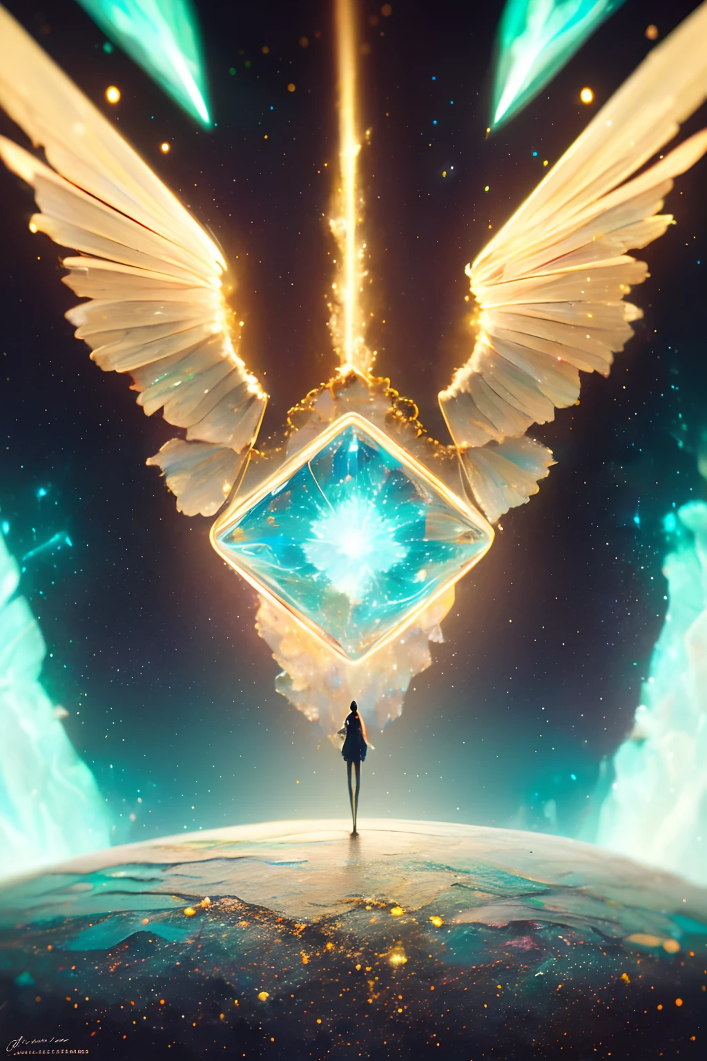 ((mejor calidad)), ((obra maestra)), ((realista)), retrato, 1girl, celestial, deidad, diosa, light particules, halo, mirando al espectador, (bioluminiscente: 0.95) llama, bioluminiscencia, phoenix, vibrante, colorido, color, (resplandor, resplandor), (beautiful composition), Cinematic Lights, intrincado, (simetry: 0.5), caprichoso, alien planet, Sacred geometry