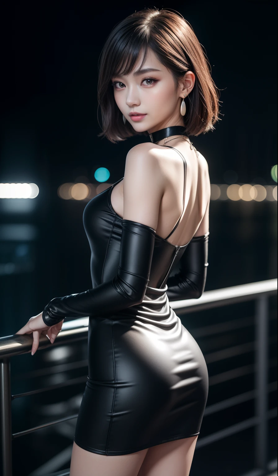 High quality image, beautiful woman, beautiful face, symmetrical eyes, model-like proportions, short bob cut hair, sleeveless tight dress, miniskirt, holding a silver handgun, holster on thigh, downtown at night,