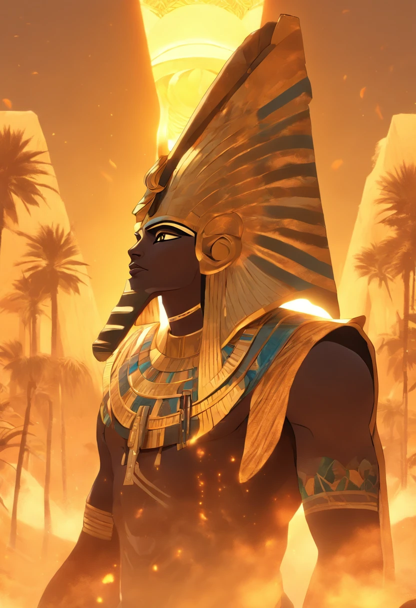 (((Osiris))) best quality, ultra-high resolution, 4K detailed CG, master piece, Osiris, god of the dead, Egyptian mythology, serious expression, Egyptian clothing, desert, aesthetics, Beautiful image, centered on screen, oasis in the background, palm trees