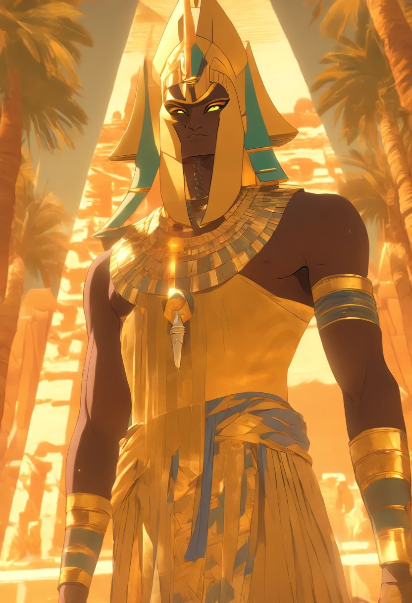 (((Osiris))) best quality, ultra-high resolution, 4K detailed CG, master piece, Osiris, god of the dead, Egyptian mythology, serious expression, Egyptian clothing, desert, aesthetics, Beautiful image, centered on screen, oasis in the background, palm trees