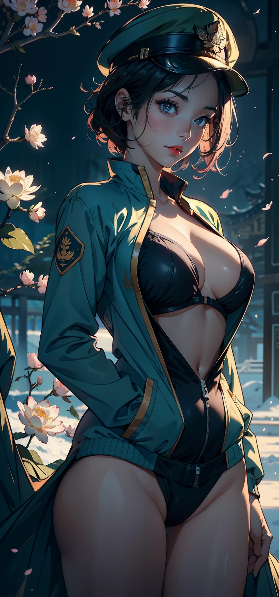 1female,45 yers old,Married Woman,熟妇,plumw,extremely large bosom, 独奏,(Background with:ponds,Cherry blossom forest,lotus flower)Lie underwater, She has short pink hair,seen from the front,, mostly cloudy sky,(((tmasterpiece),(Very detailed CG unity 8K wallpaper),best qualtiy,cinmatic lighting,detailed back ground,beatiful detailed eyes,Bright pupils,Black eyes,Snow-whiteskin,Redlip(Very fine and beautiful),(Beautiful and detailed eye description),ultra - detailed,tmasterpiece,))facing at camera,A high resolution,ultra - detailed),revealing breasts,Bare genitalia, Bulge,legs are open,Raised sexy,Camel toes,Desire for dissatisfaction,frontage,Chinese Air Force(Wearing:Green baseball jacket,Bare ,military hat)