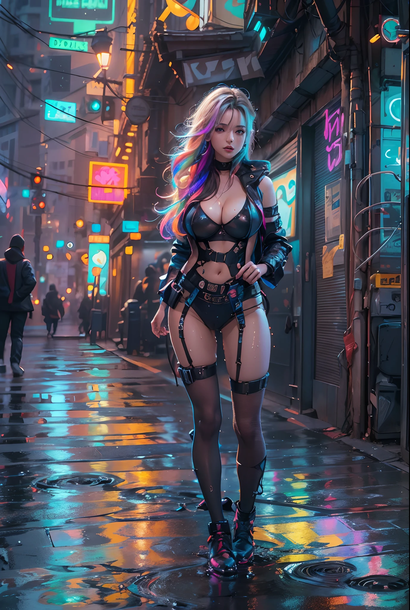 ((masterpiece))((highest quality))((27 year old girl,shoulder length highlight hair ))head to knee portrait ((she's seductively standing alluringly sexual revealing herself through opening her outfit. Her breasts are bursting out of her top.Partially exposed breast naked. )). ((Background is a Highly detailed cyberpunk club with multicolor LED lights. Graffiti .Luminous.))4k. Highly intricate details. Cinematic. Highly Reflective wet sidewalk. Full body portrait. 4k art by jeehyung lee