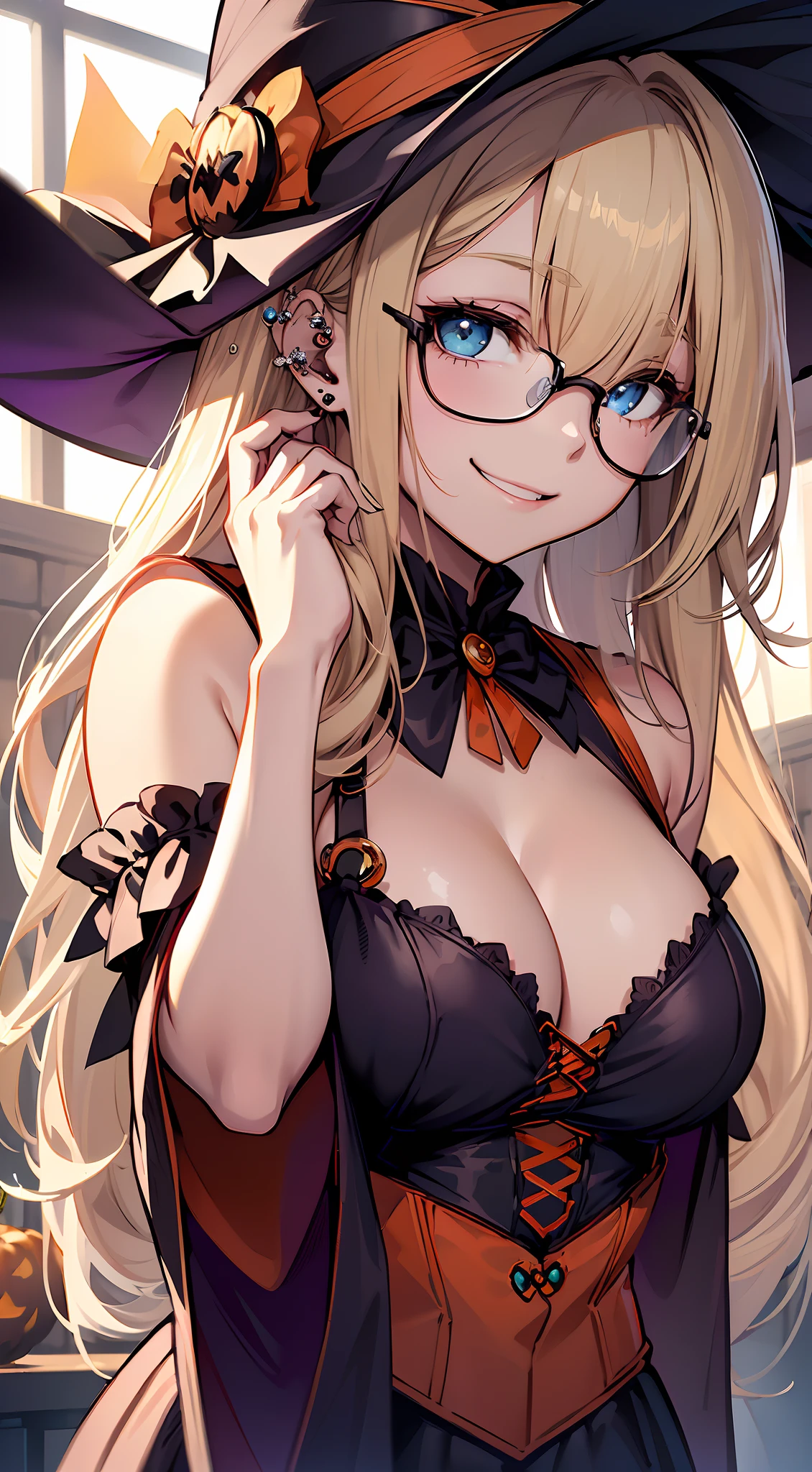 top-quality、Top image quality、in 8K,4K,​masterpiece、(NSFW:1.2)、ultra-detailliert、Beautiful、ultra-quality、cute little、Style like a model、girl with(((18year old、Halloween Costumes:1.3、the witch:1.4、Bust 92、a blond、cleavage of the breast、Blue eyes、eye glass、Happiness、Ear-piercing)))、hiquality、visualart、Background with((Halloween:1.2))、masutepiece、bustup