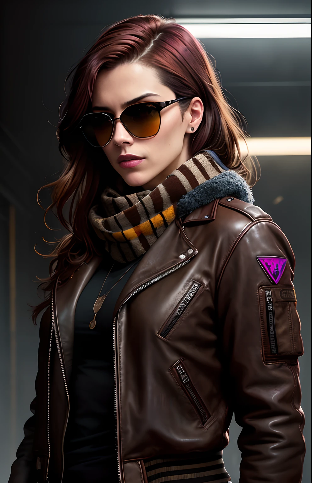 (dark shot:1.1), epic realistic, portrait of halo, athletic build, sunglasses, blue eyes, tartan scarf, (brown leather bomber jacket:1.2), (tight, black, transparent:1.4, tank-top:1.2), auburn hair by atey ghailan, by greg rutkowski, by greg tocchini, by james gilleard, by joe fenton, gradient yellow, black, brown and magenta color scheme, grunge aesthetic!!! graffiti tag wall background, art by greg rutkowski and artgerm, soft cinematic light, adobe lightroom, photolab, hdr, intricate, highly detailed, (depth of field:1.4), faded, (neutral colors:1.2), (hdr:1.4), (muted colors:1.2), hyperdetailed, (artstation:1.4), cinematic, warm lights, dramatic light, (intricate details:1.1), complex background, (rutkowski:0.66), (teal and orange:0.4)