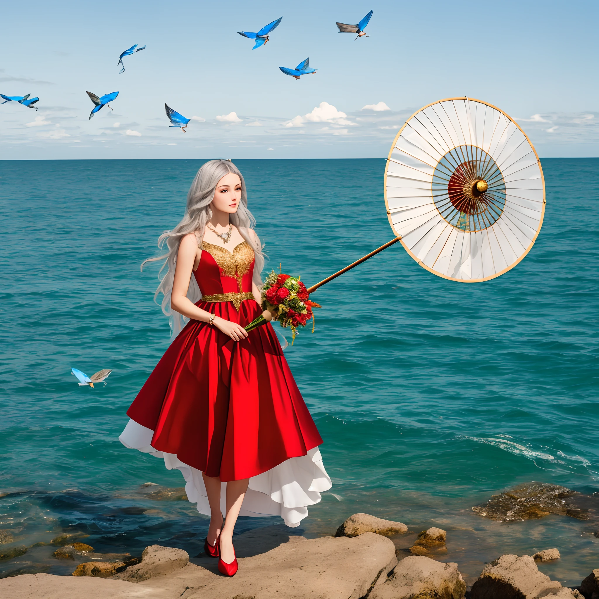 Elegant,Noble,the shy,schoolboy(Long white hair that reaches the waist,Gray eye,Costume red wedding dress,Wearing gold and silver jewelry,Holding a red and gold-rimmed fan)Bluebird flying fish,The sea and the sky,