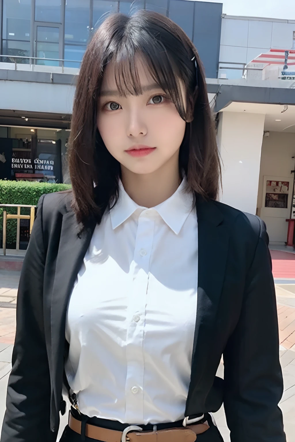 masterpiece、top-quality、The ultra -The high-definition、、colourfull、flat-colors、depth of fields、lens flare 1 girl、、A dark-haired、watching at viewers suits Cutter shirt a belt suspenders working adults business OL Black Suit Black jacket glares