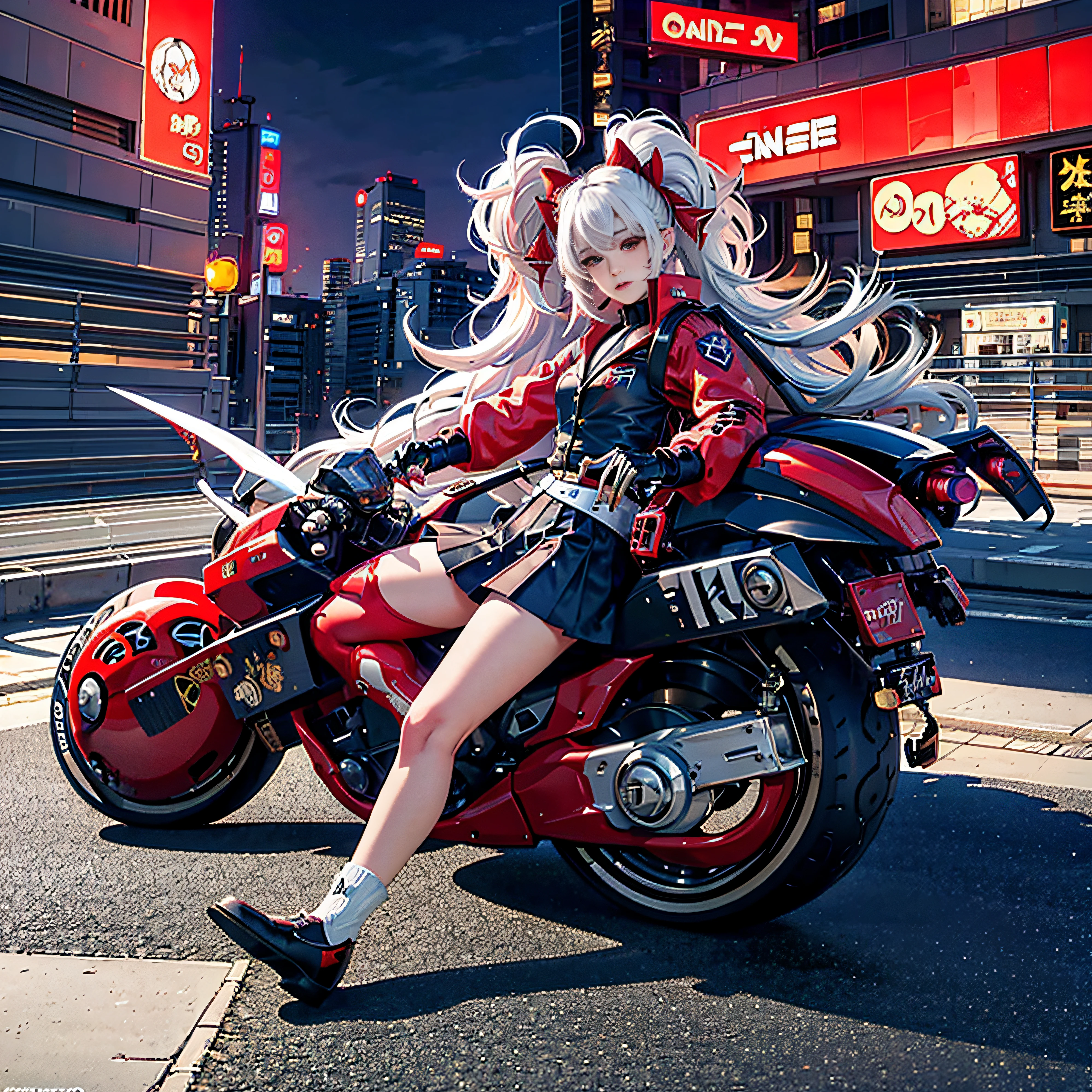 official art, unity 8k wallpaper, ultra detailed, beautiful and aesthetic, masterpiece, best quality, realistic, horns, blush, long hair, white hair, streaked hair, red eyes, hair bow, mole under eye, red akirabike, riding bike, night, cyberpunk city view, epic screen, school uniform,