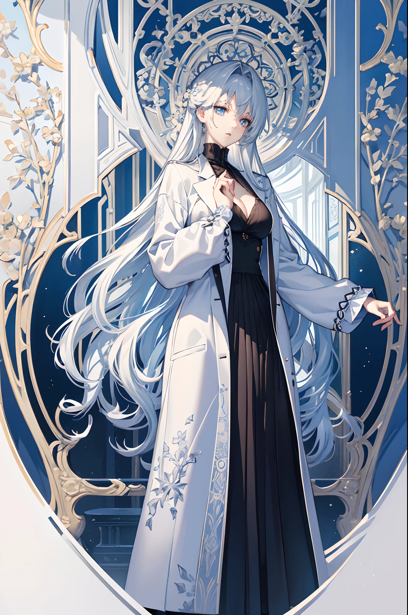 Anime girl in white coat and black dress standing in front of a gate ...