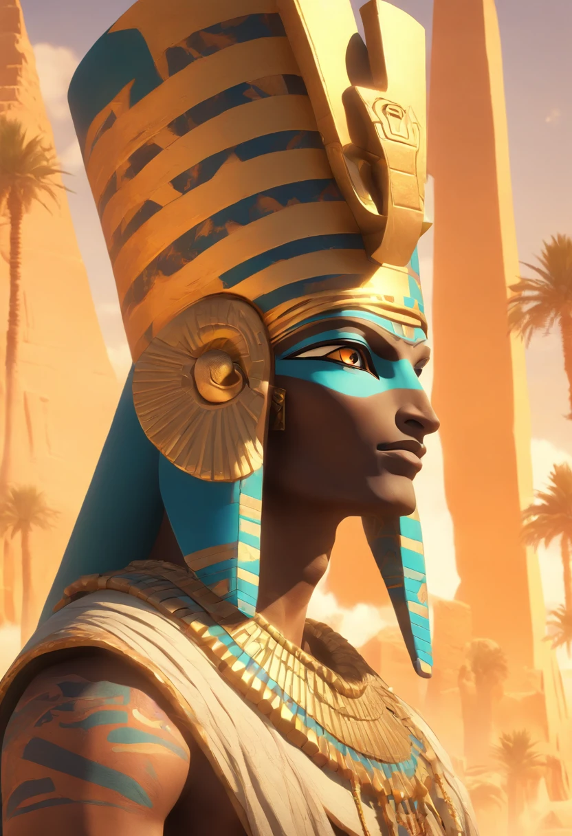 (((Osiris))) best quality, ultra-high resolution, 4K detailed CG, master piece,Osiris,god of the dead, Egyptian mythology,serious expression,Egyptian clothing, desert,aesthetics, Beautiful image, centered on screen,pyramids in the background, palm trees