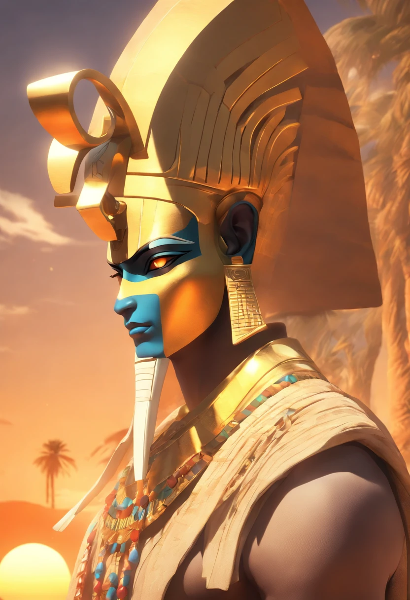 (((Man's body and ram's head)), best quality, very high resolution, 4K detailed CG, masterpiece, Egyptian mythology, KHNUM, sun in the background, Ancient Egypt, standing pose, ram god, white clothes , Egyptian clothing, Egyptian temple, desert, Ancient Egypt, ((ram's head, man's body)), Egyptian palace, aesthetics, beautiful image, centered on screen, standing pose
