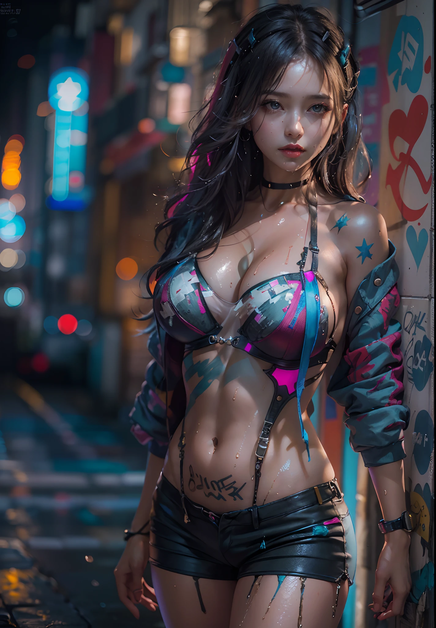 ((masterpiece))((highest quality))((27 year old girl,shoulder length highlight hair ))head to knee portrait ((she's seductively standing alluringly sexual revealing herself through opening her outfit. Whole body portrait, her huge breasts bursting out of her top,Partially exposed breast naked. )). ((Background is a Highly detailed cyberpunk club with multicolor LED lights. Graffiti .Luminous.))4k. Highly intricate details. Cinematic. Highly Reflective wet sidewalk.