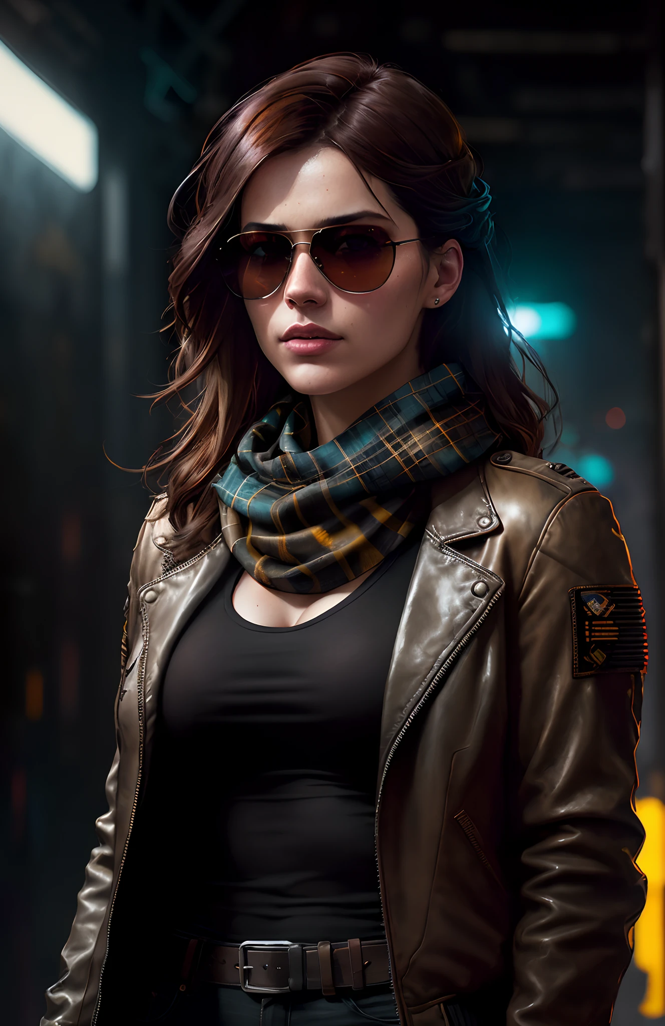 (dark shot:1.1), epic realistic, portrait of halo, sunglasses, blue eyes, tartan scarf, brown leather bomber jacket, auburn hair, by atey ghailan, by greg rutkowski, by greg tocchini, by james gilleard, gradient yellow, black, brown and magenta color scheme, grunge aesthetic!!! graffiti tag wall background, art by greg rutkowski and artgerm, soft cinematic light, adobe lightroom, photolab, hdr, intricate, highly detailed, (depth of field:1.4), faded, (neutral colors:1.2), (hdr:1.4), (muted colors:1.2), hyperdetailed, (artstation:1.4), cinematic, warm lights, dramatic light, (intricate details:1.1), complex background, (rutkowski:0.66), (teal and orange:0.4)