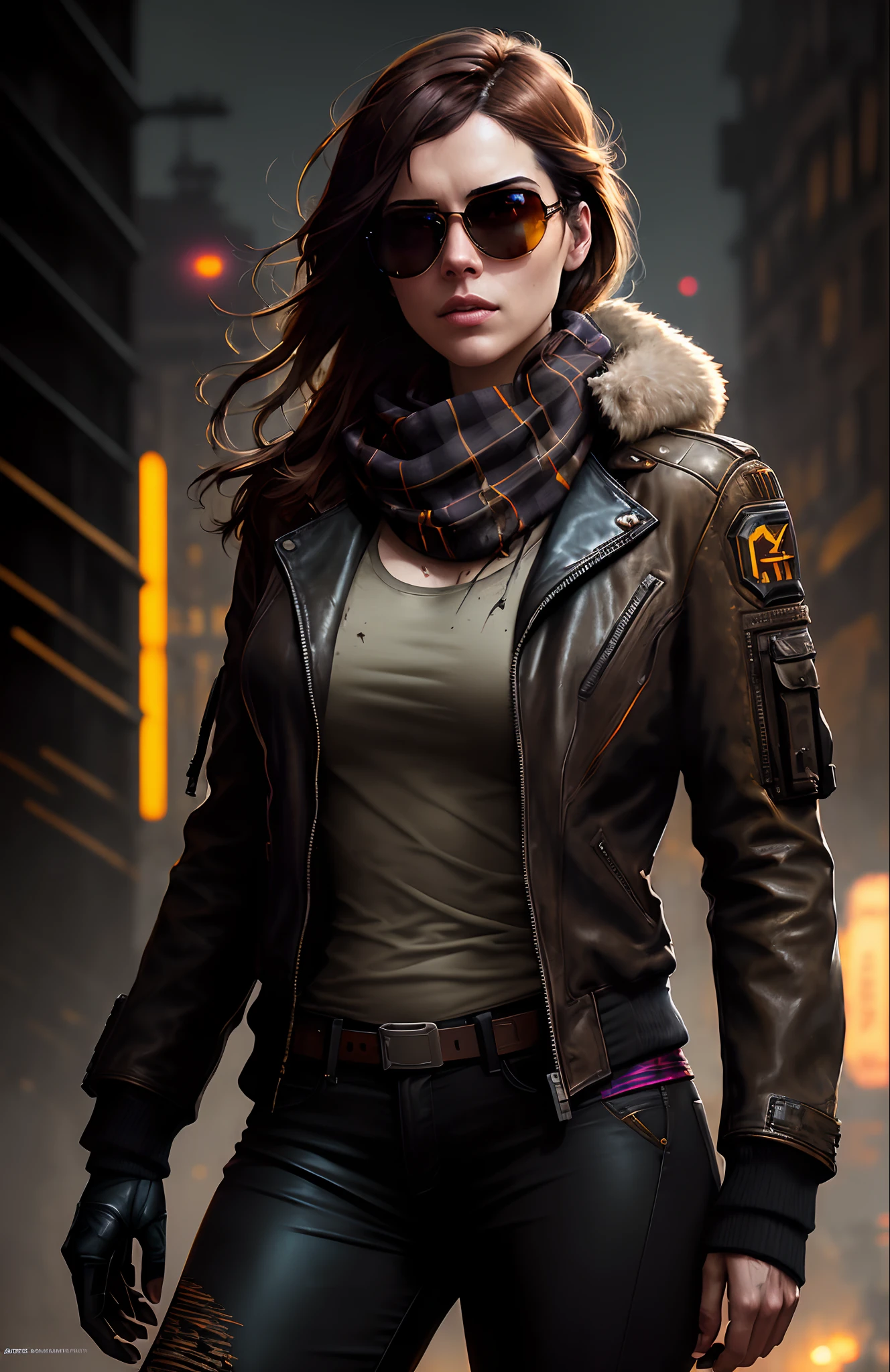 (dark shot:1.1), epic realistic, portrait of halo, sunglasses, blue eyes, tartan scarf, brown leather bomber jacket, auburn hair by atey ghailan, by greg rutkowski, by greg tocchini, by james gilleard, by joe fenton, gradient yellow, black, brown and magenta color scheme, grunge aesthetic!!! graffiti tag wall background, art by greg rutkowski and artgerm, soft cinematic light, adobe lightroom, photolab, hdr, intricate, highly detailed, (depth of field:1.4), faded, (neutral colors:1.2), (hdr:1.4), (muted colors:1.2), hyperdetailed, (artstation:1.4), cinematic, warm lights, dramatic light, (intricate details:1.1), complex background, (rutkowski:0.66), (teal and orange:0.4)
