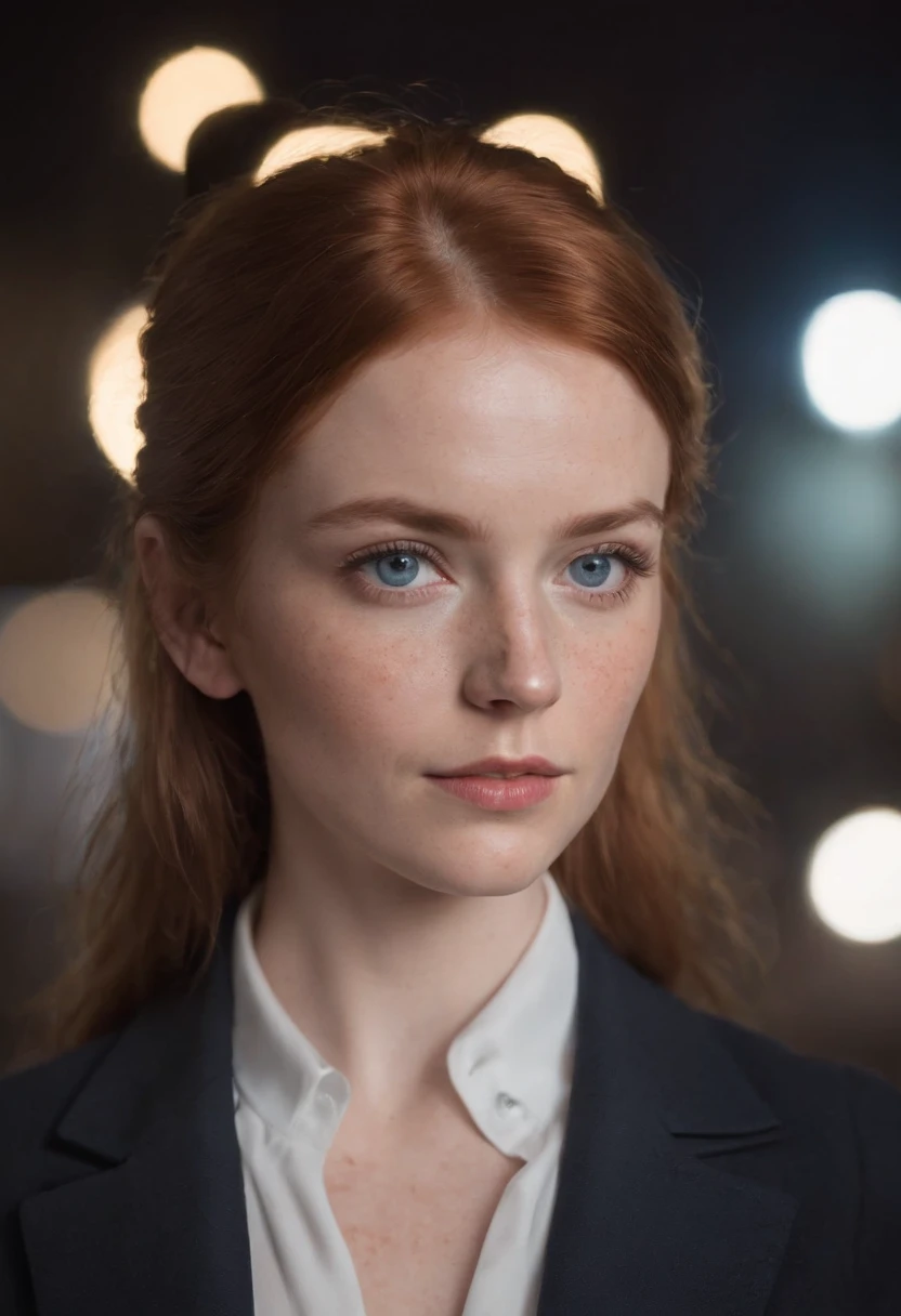 a very beautiful woman with ginger hair, her face is majestic and she had little freckles. She is around 30 years old. Her hair is a little longer and is parted in the middle. She is wearing formal clothes, a black blazer with a white formal shirt underneath and a black tie. She doesn't look happy but she doesn't look sad either. In the background you can see London and it's night. She has blue eyes