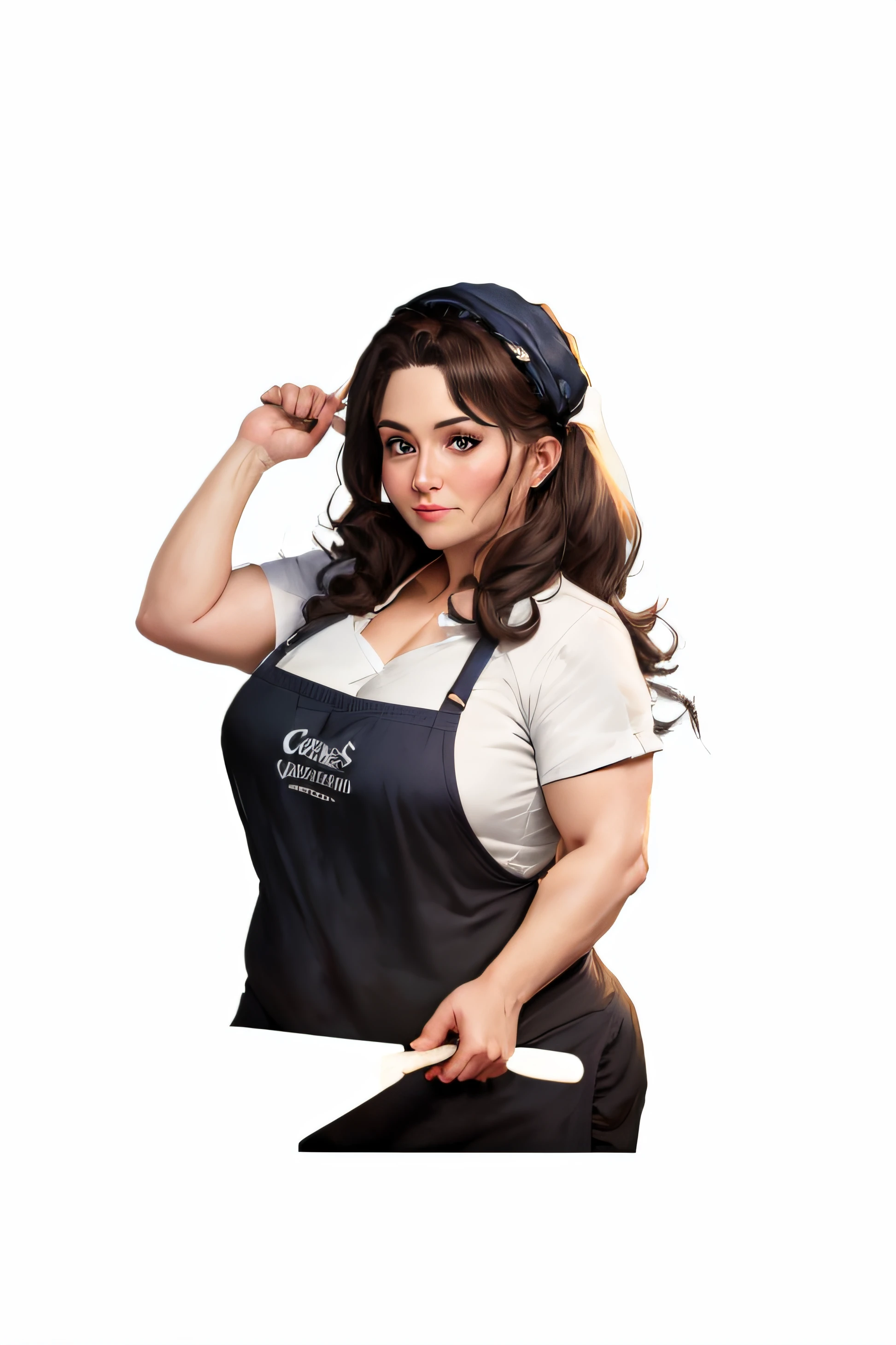 with chef's beret, hair tied up, wooden spoon in hand