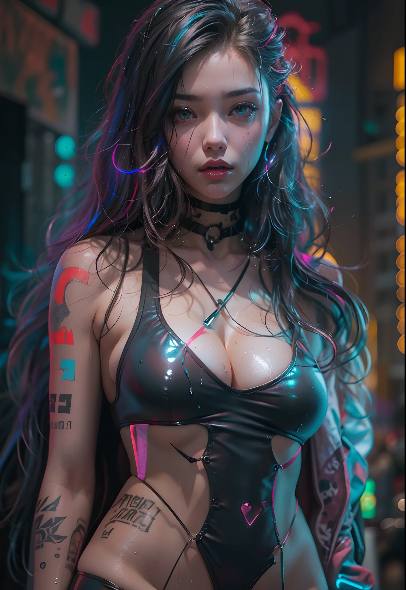 ((masterpiece))((highest quality))((27 year old girl,shoulder length highlight hair ))head to knee portrait ((she's seductively standing alluringly sexual revealing herself through opening her outfit. Her breasts are bursting out of her top.Partially exposed breast naked. )). ((Background is a Highly detailed cyberpunk club with multicolor LED lights. Graffiti .Luminous.))4k. Highly intricate details. Cinematic. Highly Reflective wet sidewalk. Full body portrait. 4k art by jeehyung lee