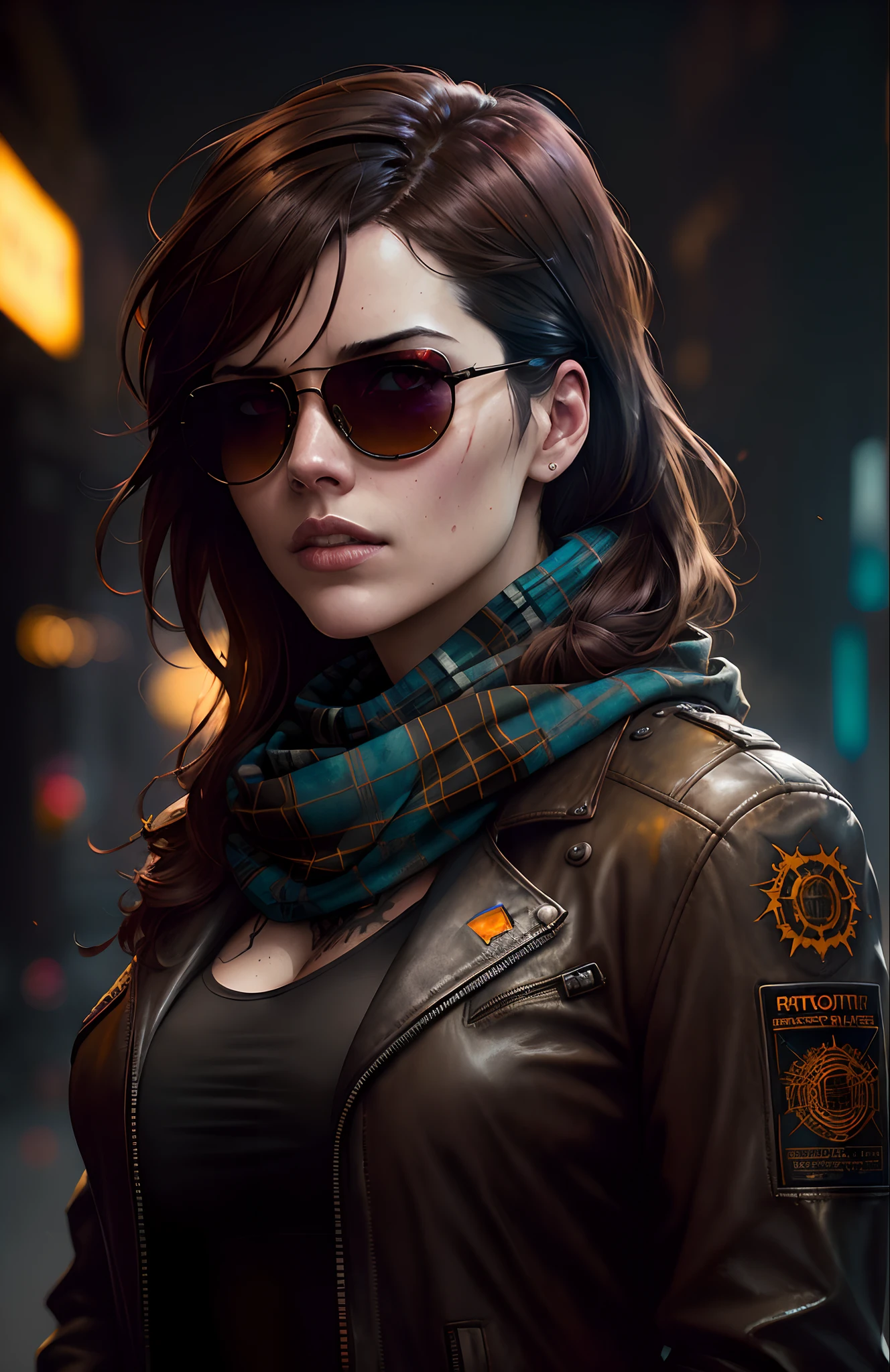 (dark shot:1.1), epic realistic, portrait of halo, sunglasses, blue eyes, tartan scarf, brown leather bomber jacket, auburn hair by atey ghailan, by greg rutkowski, by greg tocchini, by james gilleard, by joe fenton, by kaethe butcher, gradient yellow, black, brown and magenta color scheme, grunge aesthetic!!! graffiti tag wall background, art by greg rutkowski and artgerm, soft cinematic light, adobe lightroom, photolab, hdr, intricate, highly detailed, (depth of field:1.4), faded, (neutral colors:1.2), (hdr:1.4), (muted colors:1.2), hyperdetailed, (artstation:1.4), cinematic, warm lights, dramatic light, (intricate details:1.1), complex background, (rutkowski:0.66), (teal and orange:0.4)