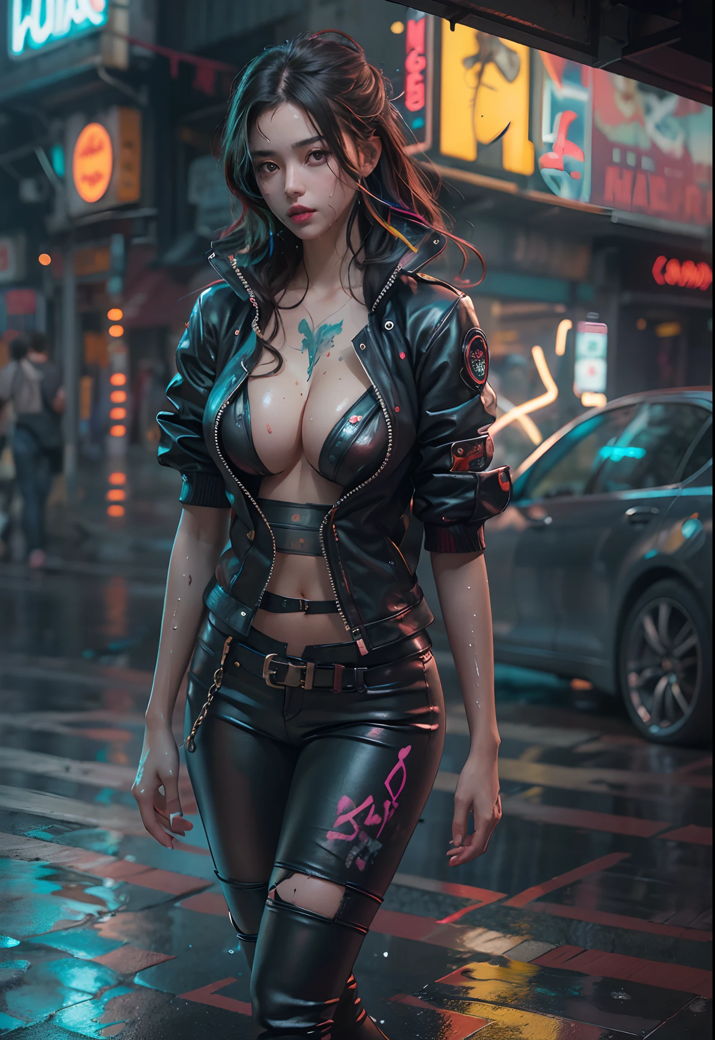 ((masterpiece))((highest quality))((27 year old girl,shoulder length highlight hair ))head to knee portrait ((she's seductively standing alluringly sexual revealing herself through opening her outfit. Her breasts are bursting out of her top.Partially exposed breast naked. )). ((Background is a Highly detailed cyberpunk club with multicolor LED lights. Graffiti .Luminous.))4k. Highly intricate details. Cinematic. Highly Reflective wet sidewalk. Full body portrait. 4k art by jeehyung lee