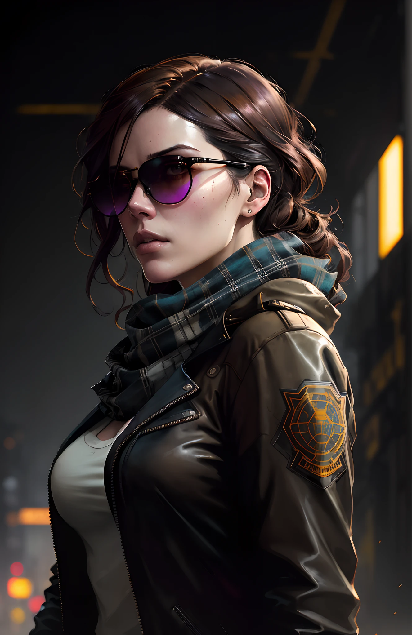 (dark shot:1.1), epic realistic, portrait of halo, sunglasses, blue eyes, tartan scarf, auburn hair by atey ghailan, by greg rutkowski, by greg tocchini, by james gilleard, by joe fenton, by kaethe butcher, gradient yellow, black, brown and magenta color scheme, grunge aesthetic!!! graffiti tag wall background, art by greg rutkowski and artgerm, soft cinematic light, adobe lightroom, photolab, hdr, intricate, highly detailed, (depth of field:1.4), faded, (neutral colors:1.2), (hdr:1.4), (muted colors:1.2), hyperdetailed, (artstation:1.4), cinematic, warm lights, dramatic light, (intricate details:1.1), complex background, (rutkowski:0.66), (teal and orange:0.4)