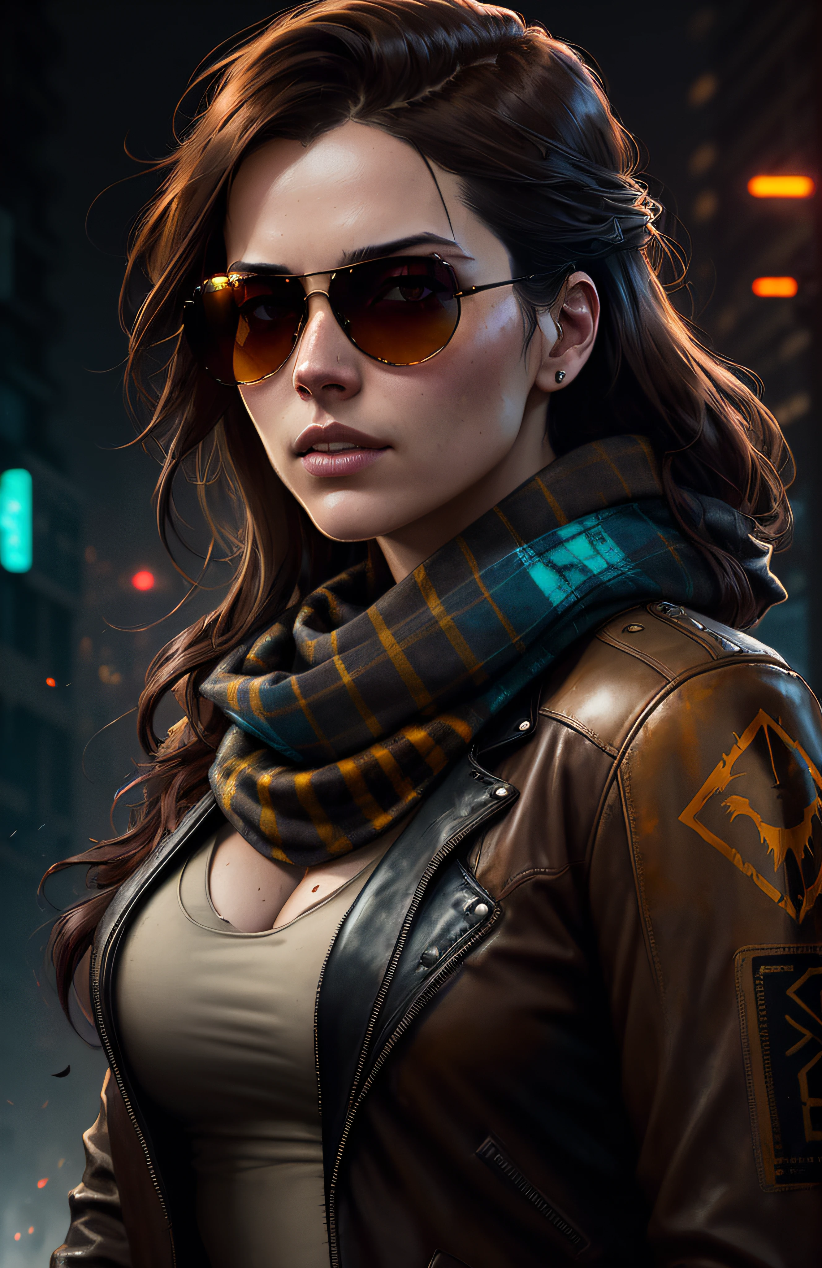 (dark shot:1.1), epic realistic, portrait of halo, sunglasses, blue eyes, tartan scarf, brown leather bomber jacket, auburn hair by atey ghailan, by greg rutkowski, by greg tocchini, by james gilleard, by joe fenton, gradient yellow, black, brown and magenta color scheme, grunge aesthetic!!! graffiti tag wall background, art by greg rutkowski and artgerm, soft cinematic light, adobe lightroom, photolab, hdr, intricate, highly detailed, (depth of field:1.4), faded, (neutral colors:1.2), (hdr:1.4), (muted colors:1.2), hyperdetailed, (artstation:1.4), cinematic, warm lights, dramatic light, (intricate details:1.1), complex background, (rutkowski:0.66), (teal and orange:0.4)