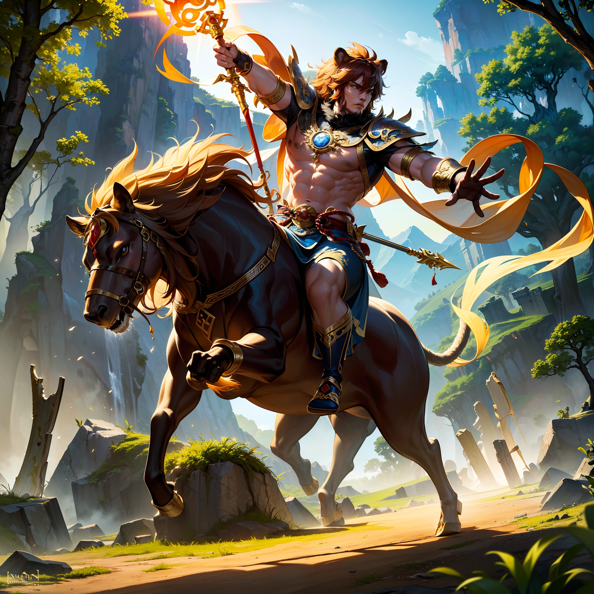 (best quality,4k,8k,highres,masterpiece:1.2), ultra-detailed, (realistic,photorealistic,photo-realistic:1.37),game character, sun wukong, lion-like, fantasy digital art, mythical creature, vibrant colors, magical atmosphere, dynamic pose, powerful presence, golden fur, fierce eyes, muscular build, intricate armor, flowing cape, martial arts, ancient Chinese legend, hero, divine weapon, staff, mystical powers, determined expression, intense action, epic battle, mystical landscape, enchanted forest, ancient ruins, rays of sunlight, dramatic lighting, dynamic shadows, mythical creatures, flying dragons, swirling clouds, breathtaking scenery, majestic mountains, hidden treasures, ancient scrolls, glowing symbols, triumphant victory, epic storytelling