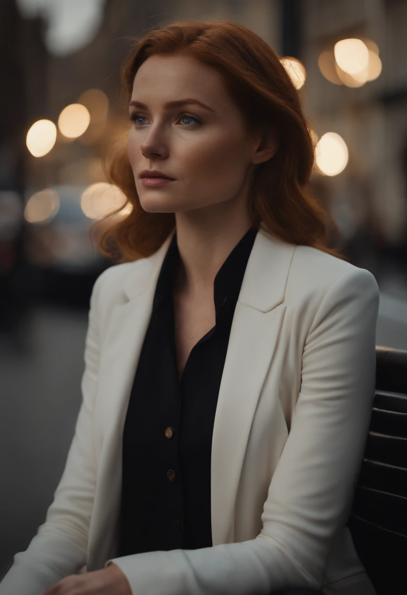 a very beautiful woman with ginger hair, her face is majestic and she had little freckles. She is around 30 years old. Her hair is a little longer and is parted in the middle. She is wearing formal clothes, a black blazer with a white formal shirt underneath and a black tie. She doesn't look happy but she doesn't look sad either. In the background you can see London and it's night. She has blue eyes