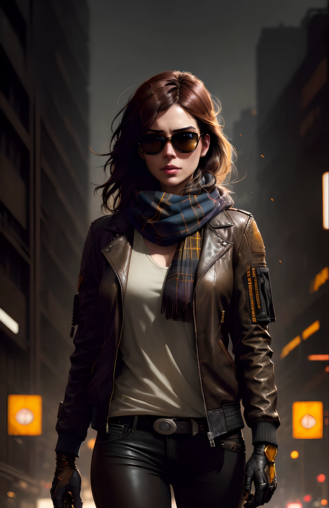 (dark shot:1.1), epic realistic, portrait of halo, sunglasses, blue eyes, tartan scarf, brown leather bomber jacket, auburn hair by atey ghailan, by greg rutkowski, by greg tocchini, by james gilleard, by joe fenton, by kaethe butcher, gradient yellow, black, brown and magenta color scheme, grunge aesthetic!!! graffiti tag wall background, art by greg rutkowski and artgerm, soft cinematic light, adobe lightroom, photolab, hdr, intricate, highly detailed, (depth of field:1.4), faded, (neutral colors:1.2), (hdr:1.4), (muted colors:1.2), hyperdetailed, (artstation:1.4), cinematic, warm lights, dramatic light, (intricate details:1.1), complex background, (rutkowski:0.66), (teal and orange:0.4)