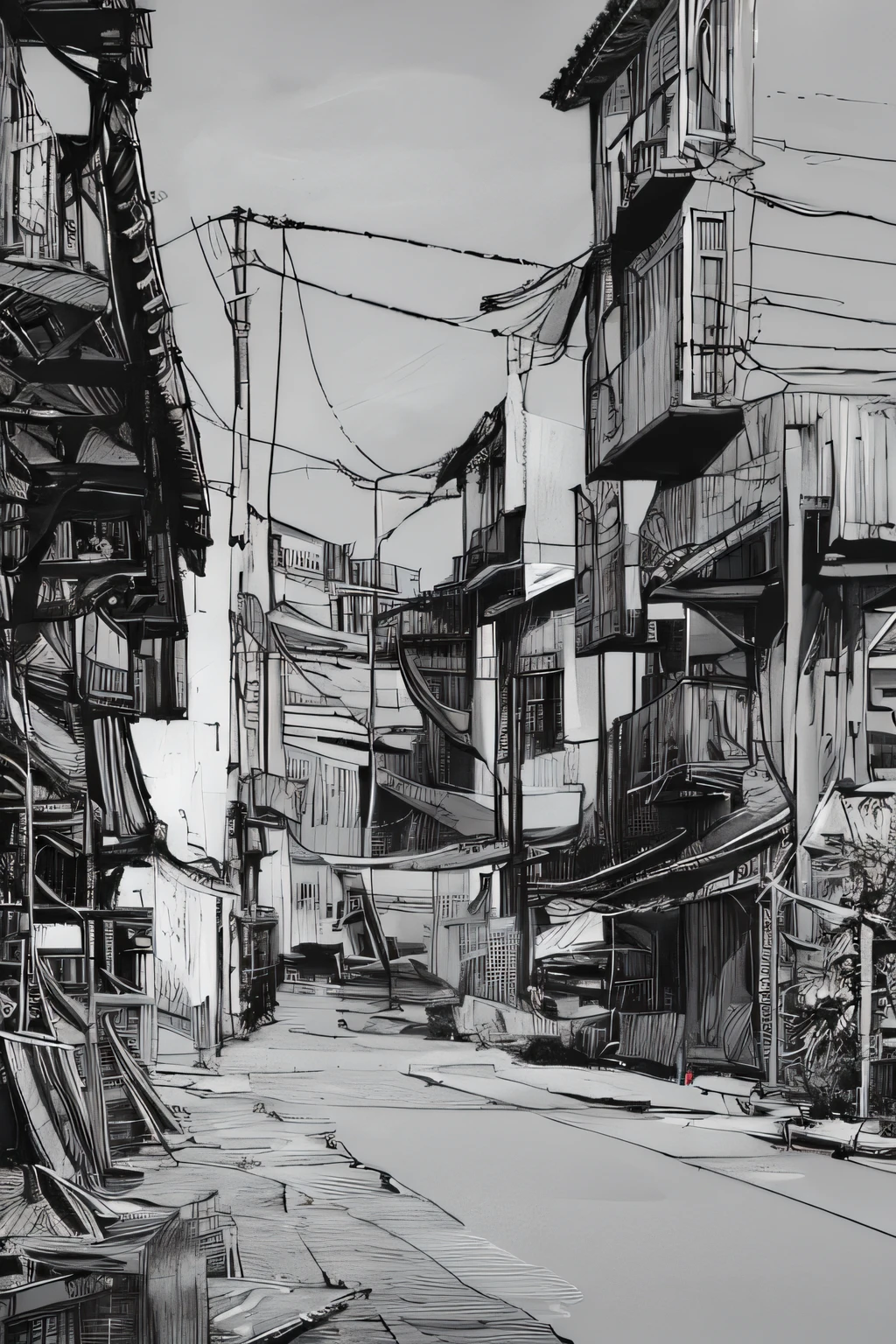 (best quality,4k,8k,highres,masterpiece:1.2),ultra-detailed,realistic,photorealistic:1.37,São Paulo,favela,pollution,lixo,Larger view,Antenas,black and white,gray tones